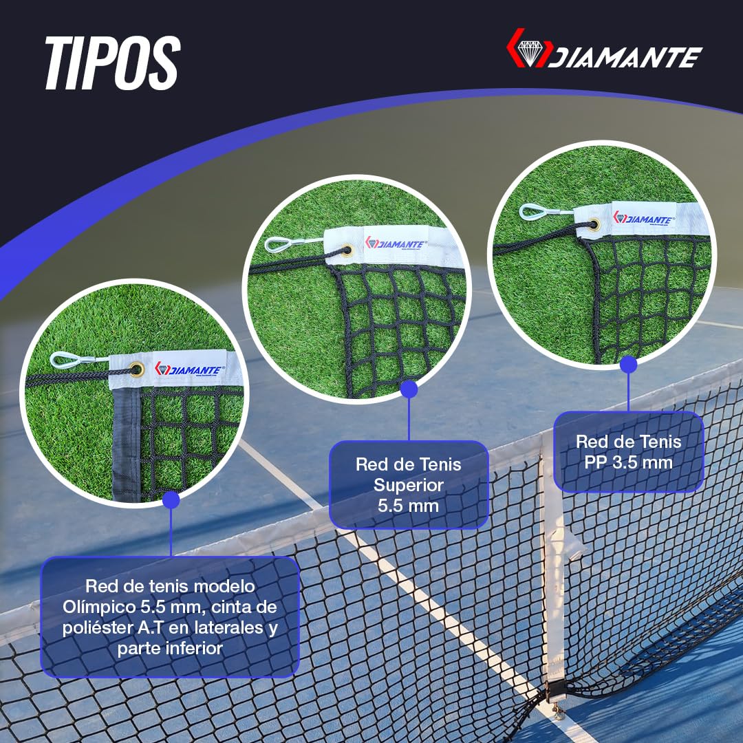 DIAMANTE Red de Tenis Profesional - Redes Deportivas para Deportes y Exterior - Red de Bádminton y Entrenamiento - 12,80 x 1,07 m con Cable de Acero y Tratamiento UV