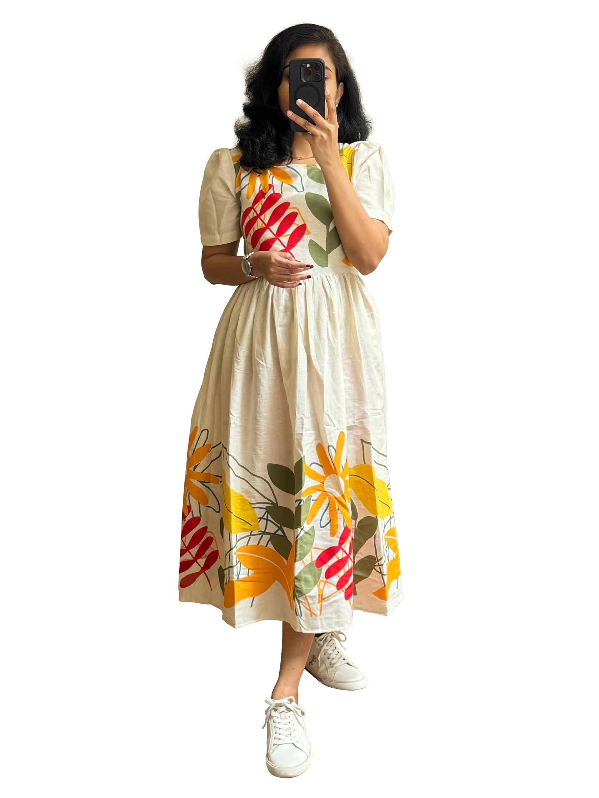shasmi Floral Print Midi Dress, Round Neck, Puff Sleeves, Beige with Yellow and Red, Fit and Flare (Dress 188)-picture-4