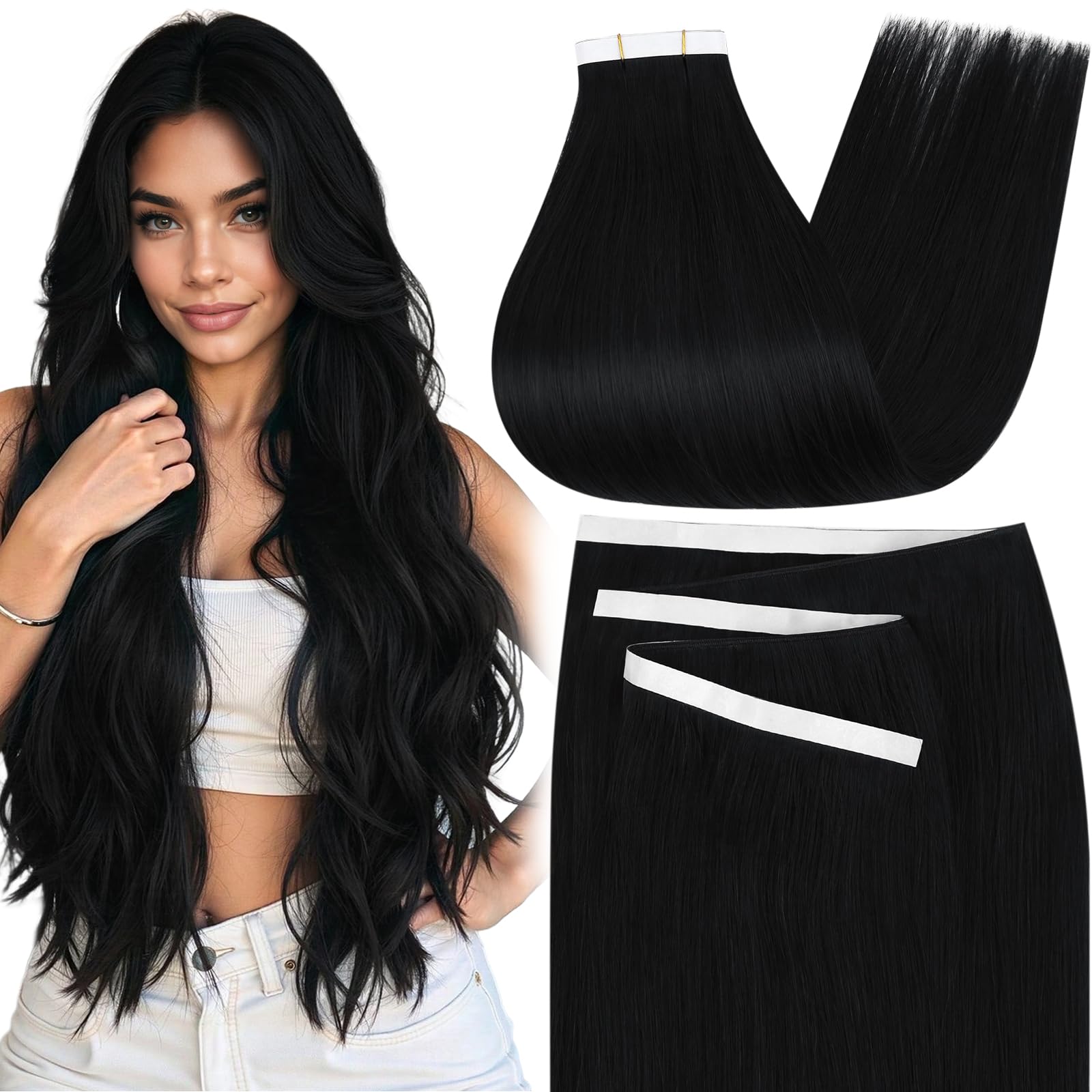 Moresoo Tape Hair Extensions Real Human Hair 18 Inch Jet Black Human Hair Extensions Tape in Black Remy Hair Straight Silky Soft for Women Natural Looking 20pcs/50g #1 — view 30