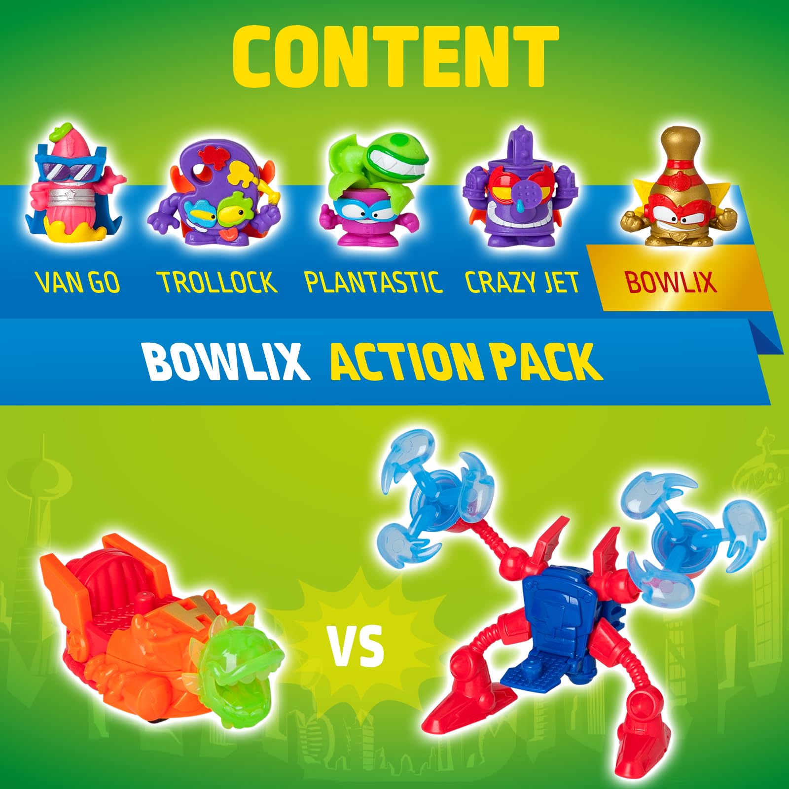 SUPERTHINGS KAZOOM Power Mission – Action Pack. Zestaw zawiera 5 figurek SuperThings (w tym 1 złoty SuperLider), 1 egzoszkielet, 1 slider – Zestaw 3 z 4