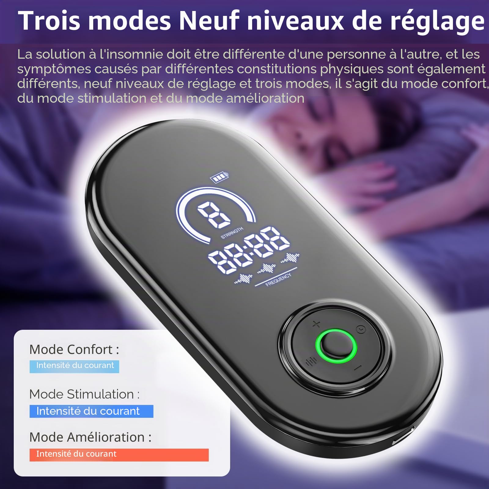 Appareil d'aide au sommeil avancé, appareil de stimulation du nerf vague avec clips d'oreille, aide au sommeil, CES réduit l'anxiété, appareil d'aide au sommeil micro courant, 3 modes 9 forces, charge