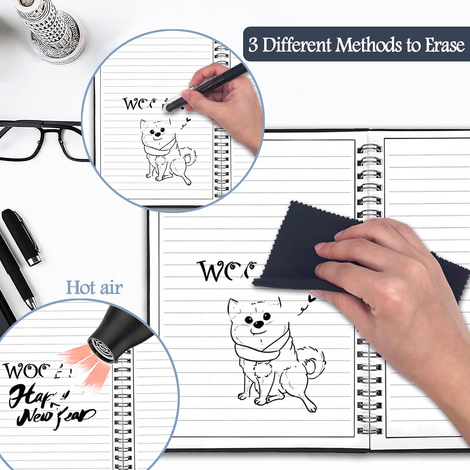 JOEKIKIMD Smart Reusable Notebook,Erasable Eco-Friendly Notebooks Planner Calendar Waterproof Notepad with 1 Erasable Pen & 1 Microfiber Cloth Included, Spiral Journal for Women/Men(5.9''x8.5'')