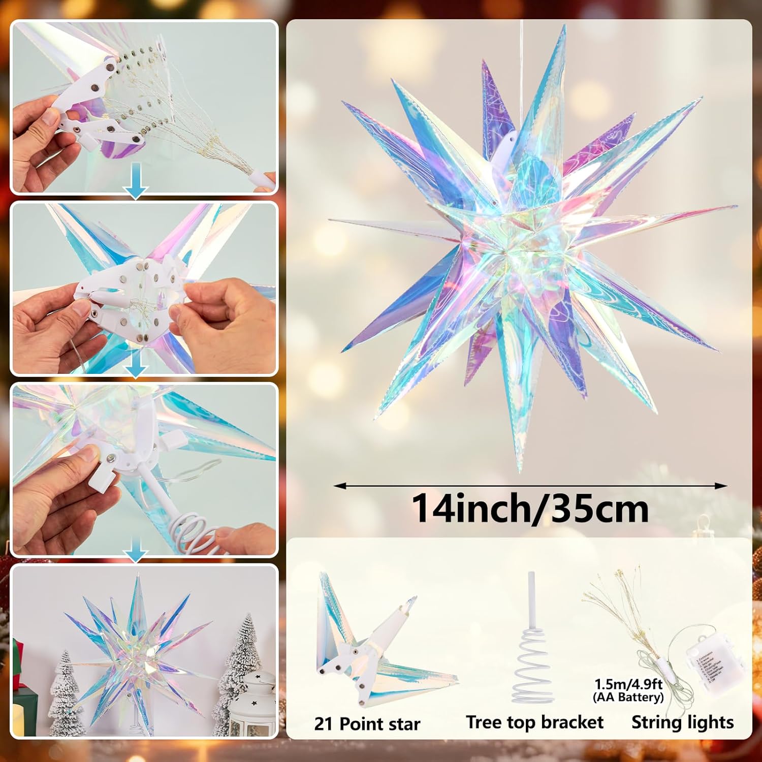 Christmas Tree Star Topper with Lights,Large Tree Topper for Christmas Decorations,Iridescent 3D Moravian Star with Multiple Colors & 8 Lights Modes for Xmas Party Decor Indoor/Outdoor