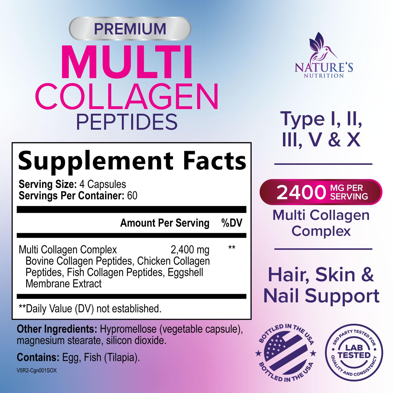 Multi Collagen Pills 2400mg - Best Hydrolyzed Collagen Peptides Capsules for Women & Men - Type I, II, III, V, X Collagen Complex - Hair, Skin, Nails Support Supplement - Bottled in USA - 240 Capsules — Amazon image 2