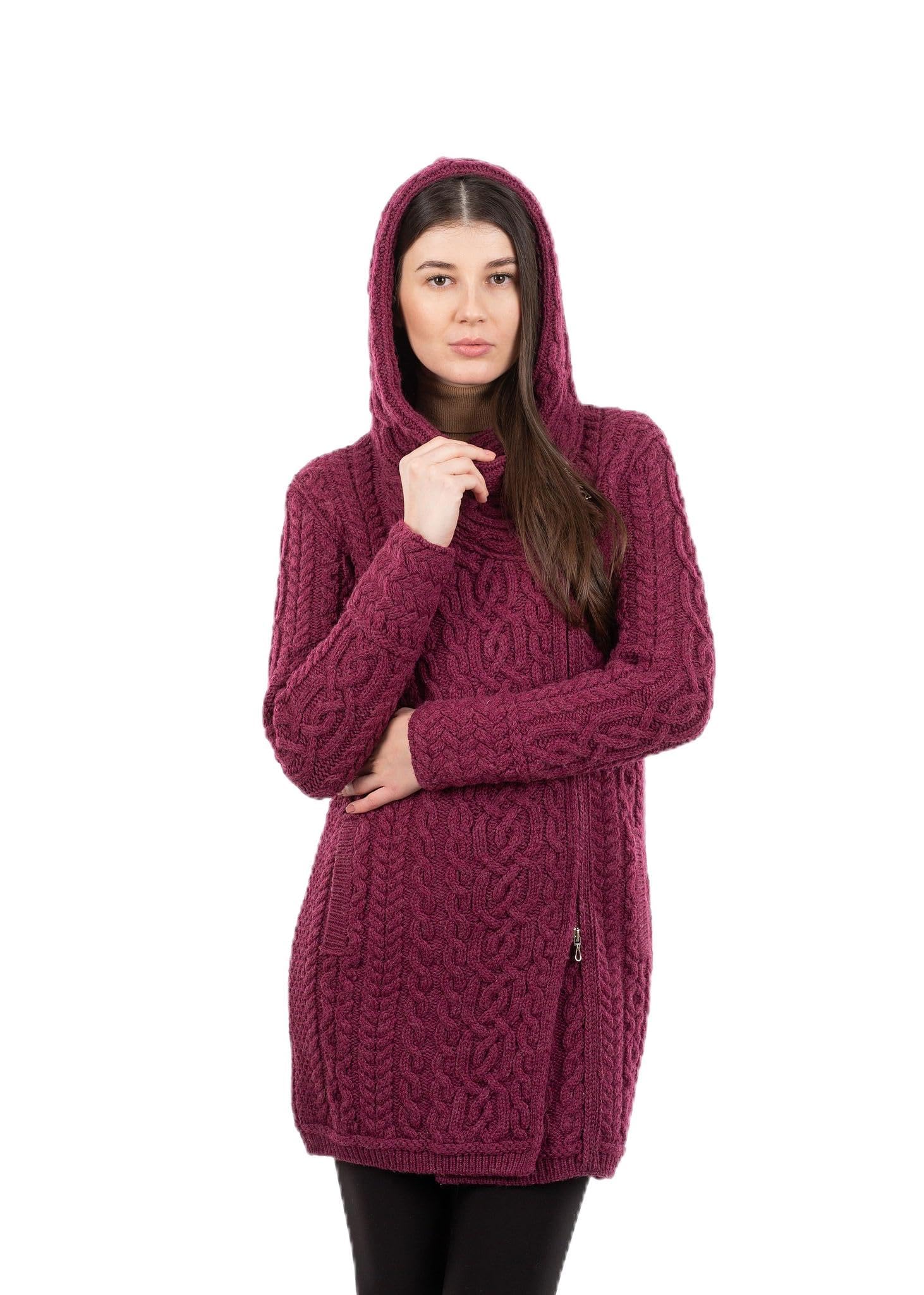 SAOL Ladies Irish Aran Zip Cardigan - 100 Merino Wool Coat with Pockets and Hood Made in Ireland