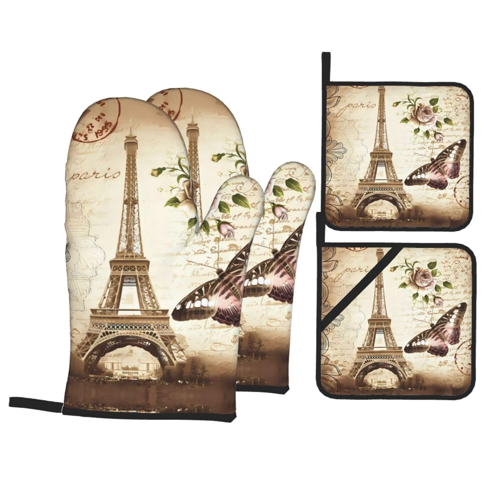 YYHHAOFA Vintage Paris Eiffel Tower Butterfly Prints Kitchen Baking Set with Heat Resistant Pot Holders & Oven Mitts - Waterproof Layer for Hot Dishes, Grill & Microwave