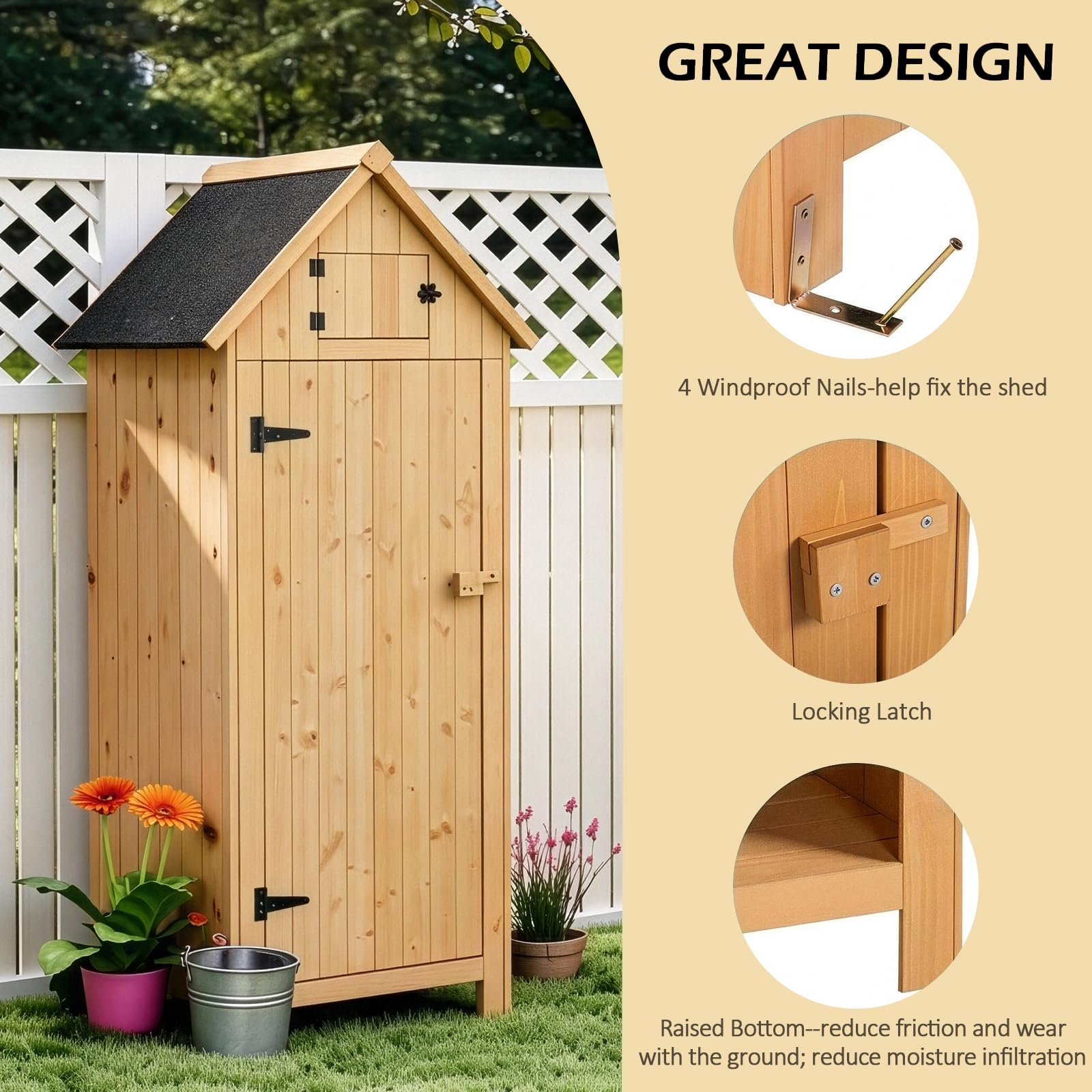 Wooden Garden Shed with Single Door and Slope Roof, Outdoor Storage Shed, Waterproof Utility Wooden Lockers, 77 x 54.3 x 179 cm, Wood Color — view 5
