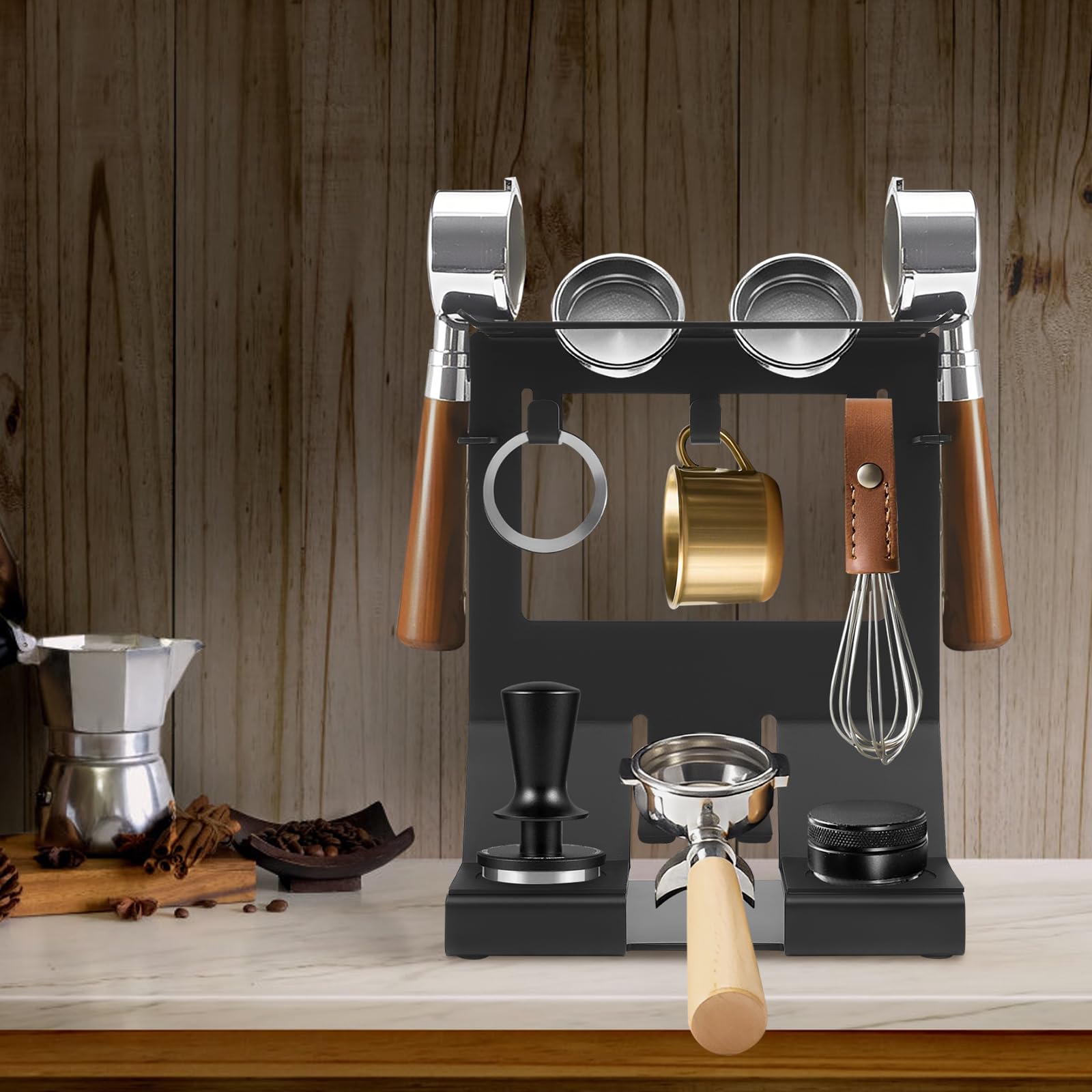 Aufbewahrungsregal für Kaffeezubehör, Barista Regal für Siebträger 58mm, stabiler Kaffee Werkzeughalter aus Eisen, Platzsparender Kaffee-Ausrüstung Aufbewahrungsregal für Küche & Café, schwarz
