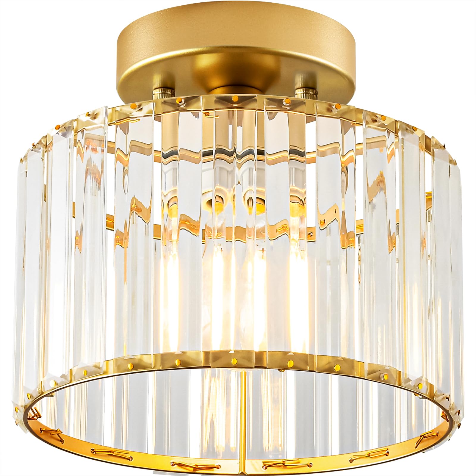 Crystal Gold Semi Flush Mount Ceiling Light, Modern Hallway Light Fixture, Metal Close to Lamp for Bathroom Entryway Bedroom Kitchen(8.66 inch)