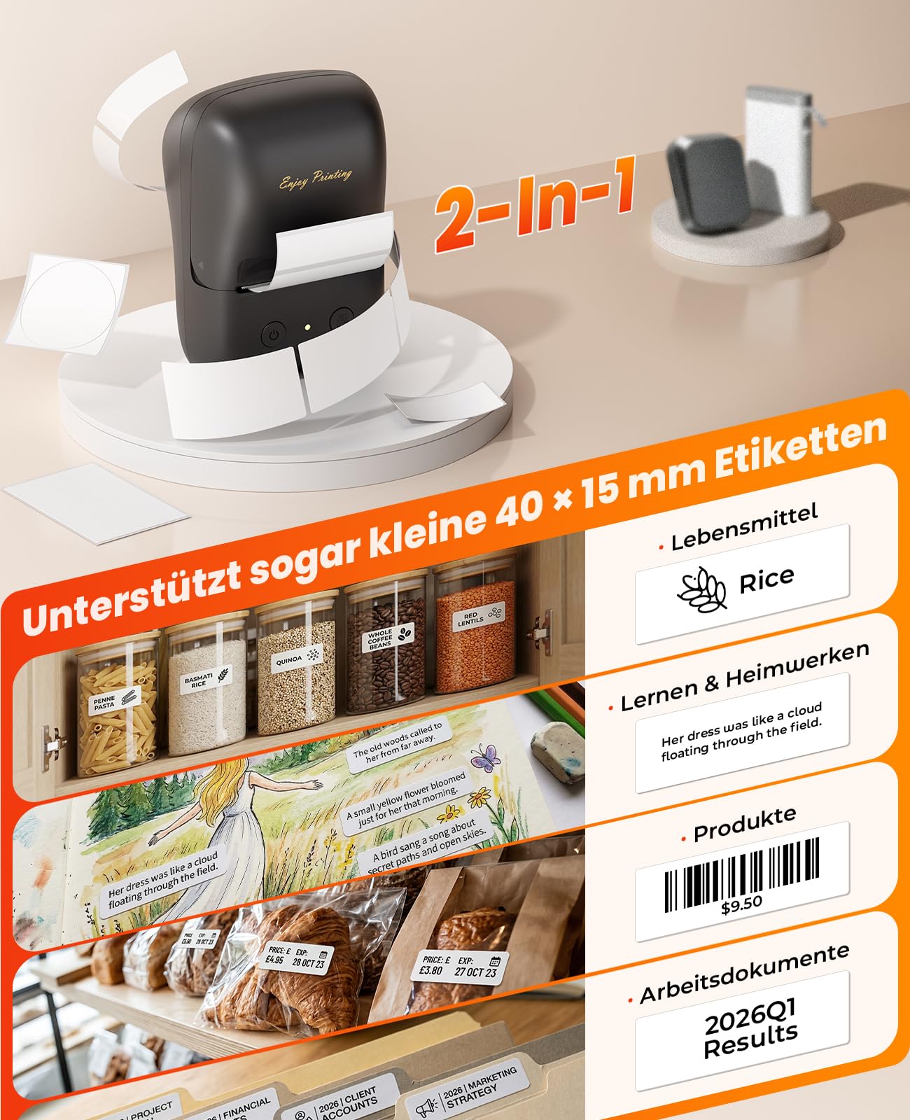 A421 Etikettendrucker für 40x15 bis 50x80 mm Etiketten, Vielseitige App mit 2000+ Symbolen und 300+ Schriftarten, Label Printer für Zuhause & Kleinunternehmen, Bluetooth Kompatibel mit iOS & Android