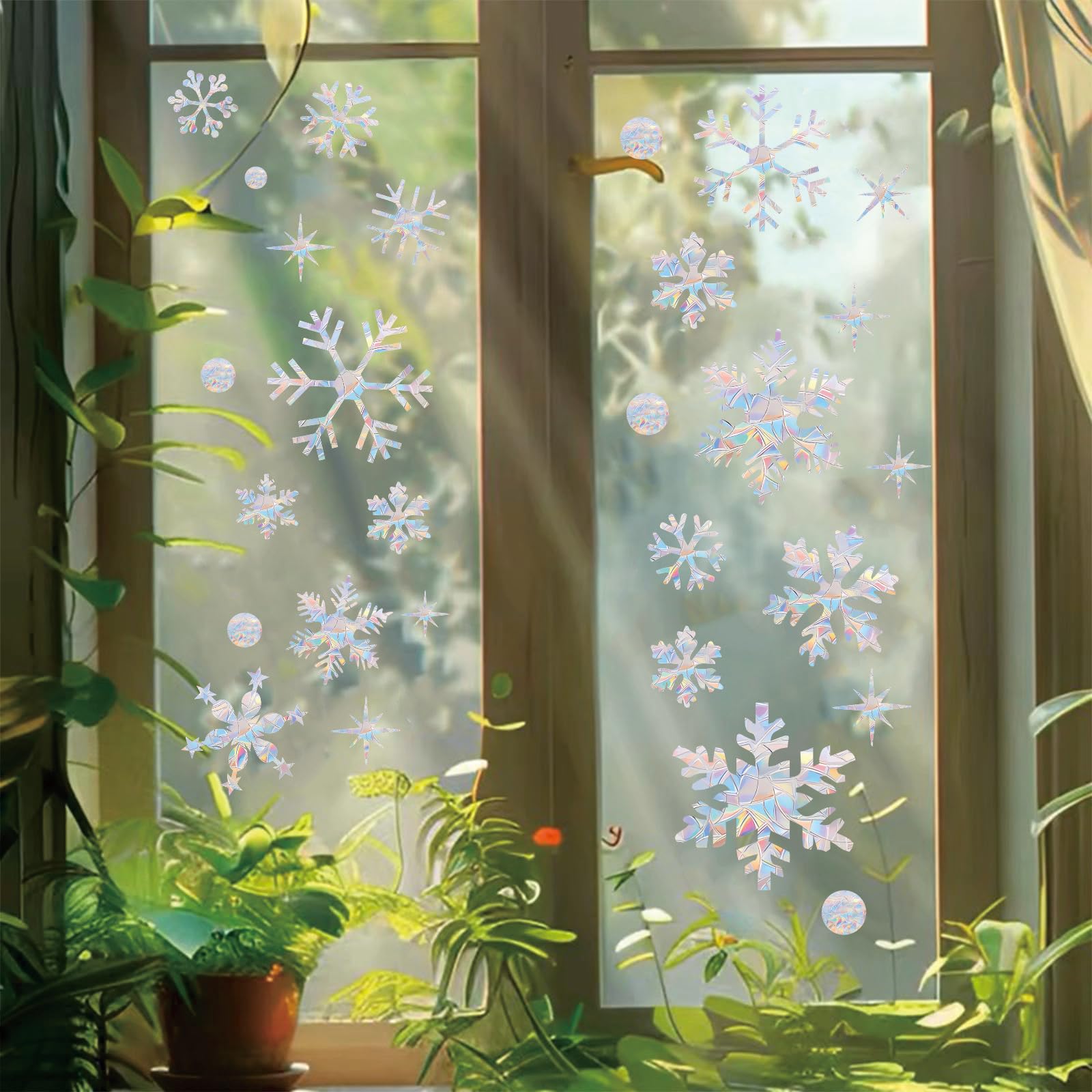 60 Stück Weihnachts-Schneeflocken-Fensteraufkleber verhindern, dass Vögel auf Fenster schlagen, Regenbogen-Sonnenfänger-Aufkleber, kein Kleber erforderlich, nicht klebende, wiederverwendbare