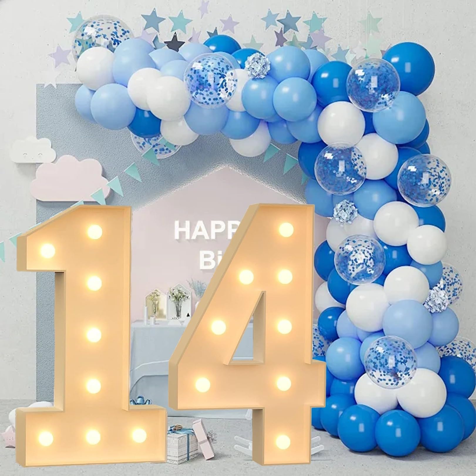 100 Cm Große Figurenballon-Füllbox Mit Lichtern, 10.–19. Geburtstagsballon, Zahlenballonrahmen, Hochzeitsdekoration, Babyparty (Color : 14, Size : 120cm)