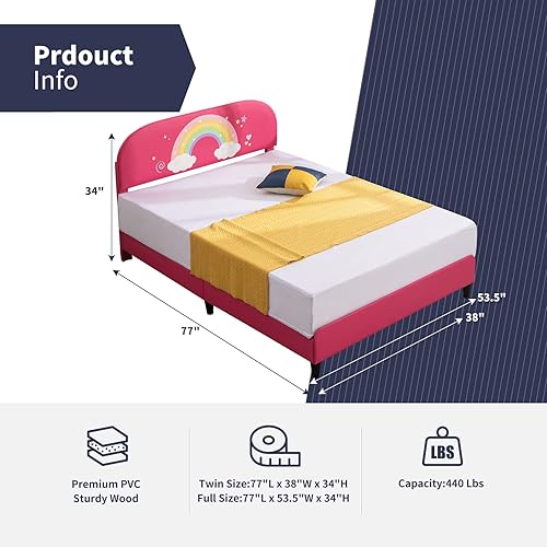 Miniatura 2 de Zafly - Marco de cama matrimonial para niños, marco de cama infantil con cabecera tapizada, cabecera y estribo curvados, marco de cama de madera de