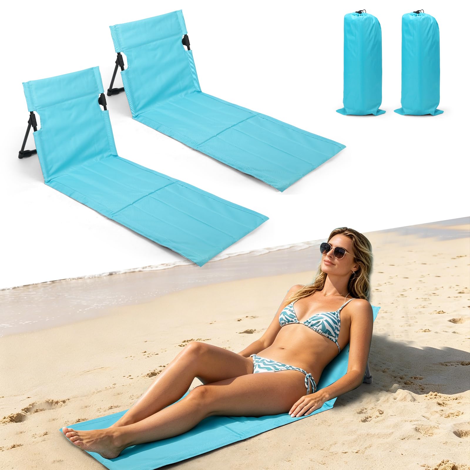 Photo 1 of 2 Pack Foldable Beach Chairs with Carry Bags, Lightweight Portable Poolside Chairs for Adults, Folding Pool Lounge Chairs for Edge of Pool, Easy Setup for Beach, Camping, Picnic, Travel (Light Blue)