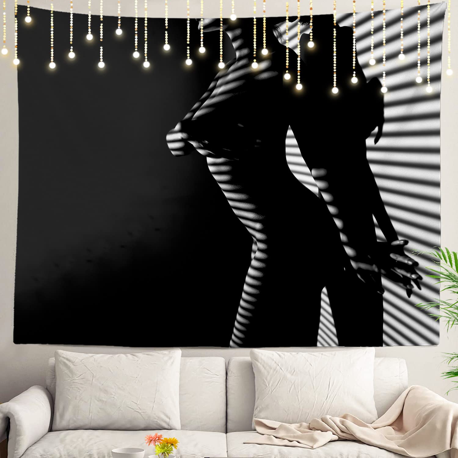 Shrahala Black Figure Line Wall Tapestry, White Wall Hanging Large Tapestry Decoration Polyester Fiber White Hem Around for Dorm Room Bedroom 39.1 x 59.1 in