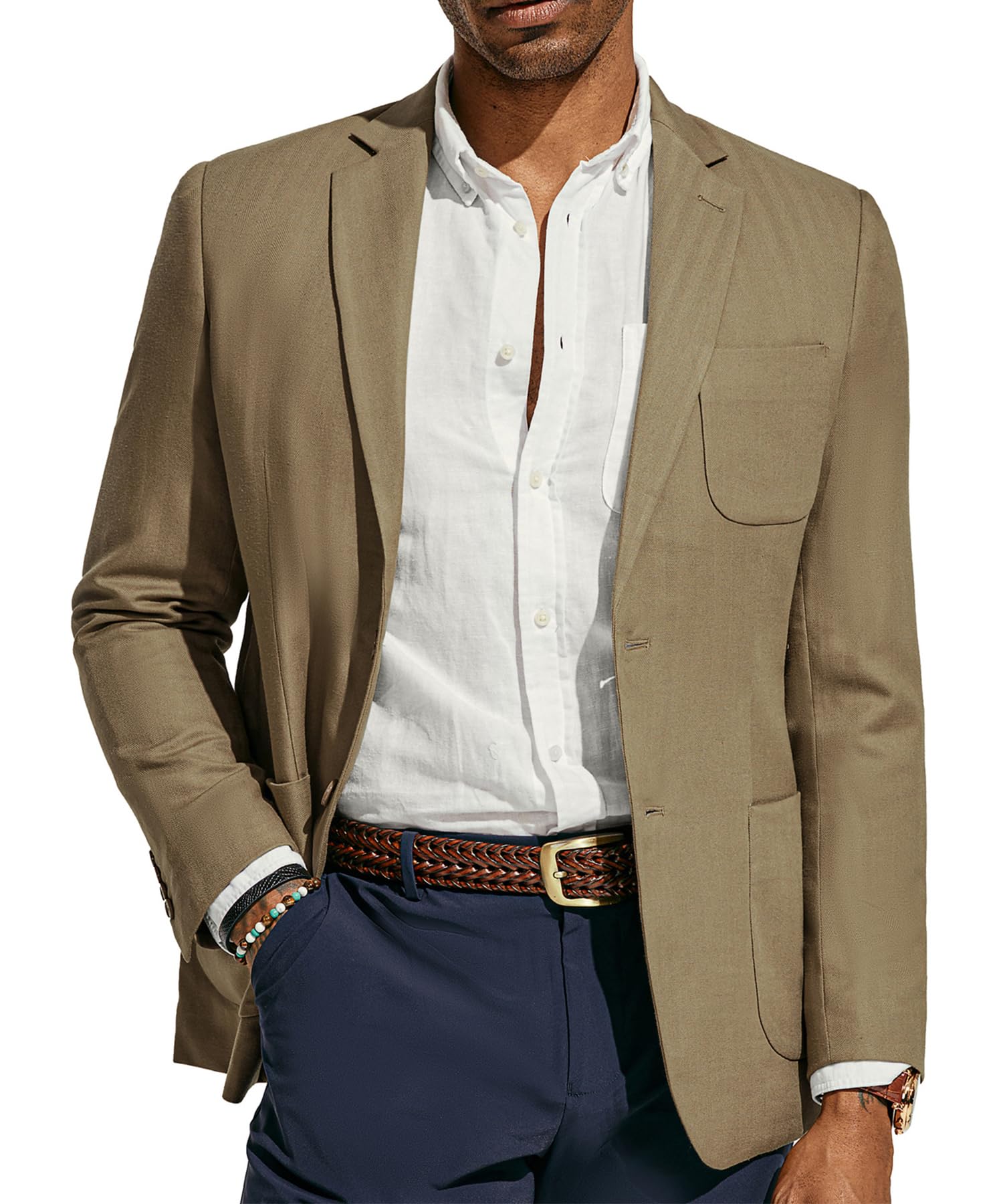 PJ PAUL JONES Mens Blazer Jacket Cotton Linen Sports Coats Regular Fit Two Buttons Herringbone Suit Jackets