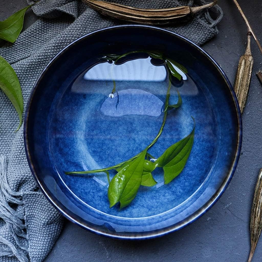 Ensaladera grande de cerámica japonesa, cuencos de sopa azules únicos, vajilla decorativa, cuencos de fideos, cuencos de frutas, hecho a mano para cocina asiática, vajilla de comedor