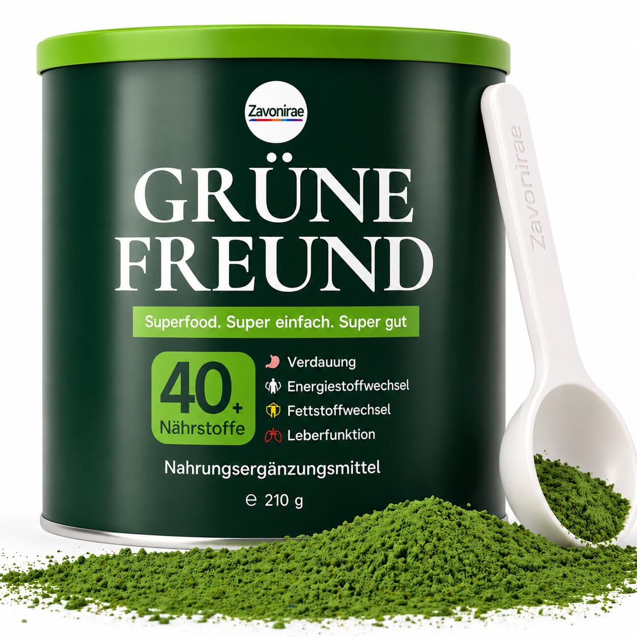 Grüne Entgiftungspulver, Grünes Superfood Helfer Pulver mit Löffel – 40+ Nährstoffe & Probiotika – Spirulina, Chlorella & Gerstengras – Veganes Greens Pulver für Smoothie & tägliche Routine – 210g