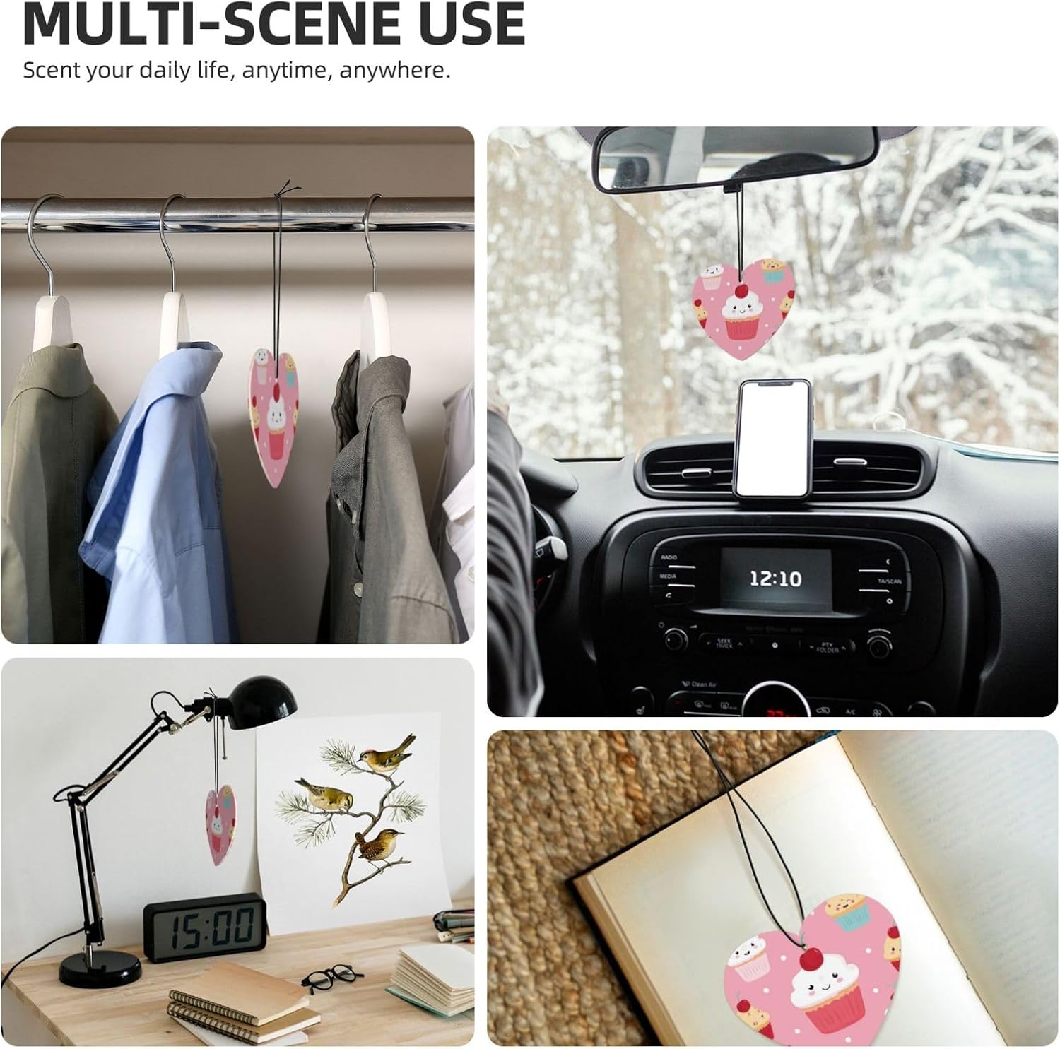 Car Air Freshener 24 PCS cute cupcake Hanging Car Air Fresheners Auto Interior Decor Card Freshener Strong Scented Card Lavender Cars Scents for Office Bedroom Close Drawer Heart Shape