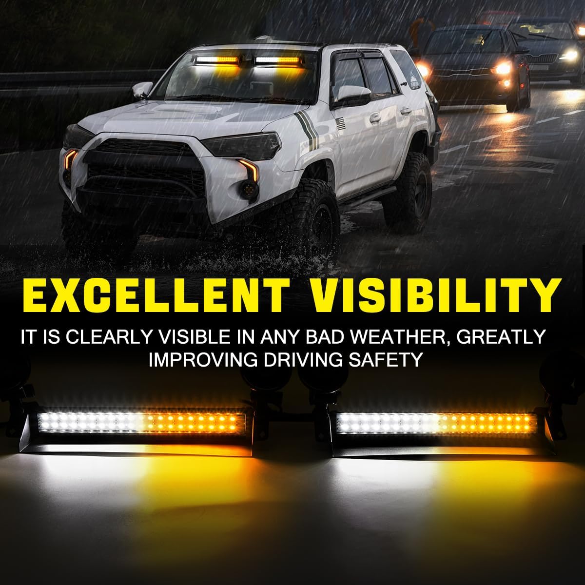 Emergency Dash Strobe Lights for Trucks 80 LED Warning Hazard Flashing Light Bar Visor Interior Windshield Traffic Safety Lights for Construction Vehicles(2x14 inch, Amber/White)