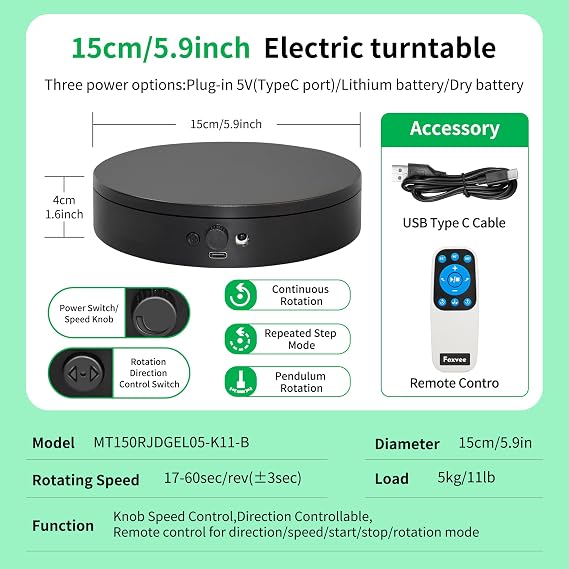 Remote-Controlled Electric Turntable,360 Silent Spinning Display Stand,Speed-adjustable Spinning Platform,Multi-mode Rotating Display Base,Rotating Display Stand For Photography(5.91inch/B)