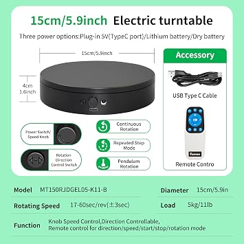 Remote-Controlled Electric Turntable,360 Silent Spinning Display Stand,Speed-adjustable Spinning Platform,Multi-mode Rotating Display Base,Rotating Display Stand For Photography(5.91inch/B)