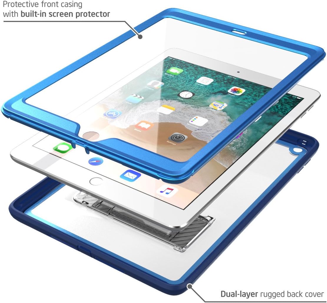 i-Blason Case for iPad 9.7 Inch 2017/2018 , Ares Series Kickstand Full-Body Rugged Protective Clear Case with Built-in Screen Protector & Dual Layer (Blue)