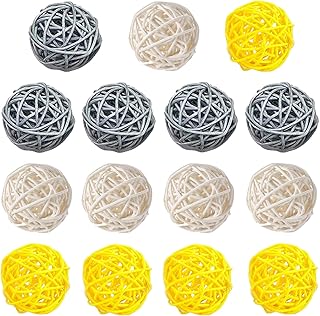 Worldoor 15-Pack Mixed Gray Yellow White Wicker Rattan Balls - Decorative Balls for Bowls, Vase Filler, Coffee Table Decor, Wedding Party Decoration