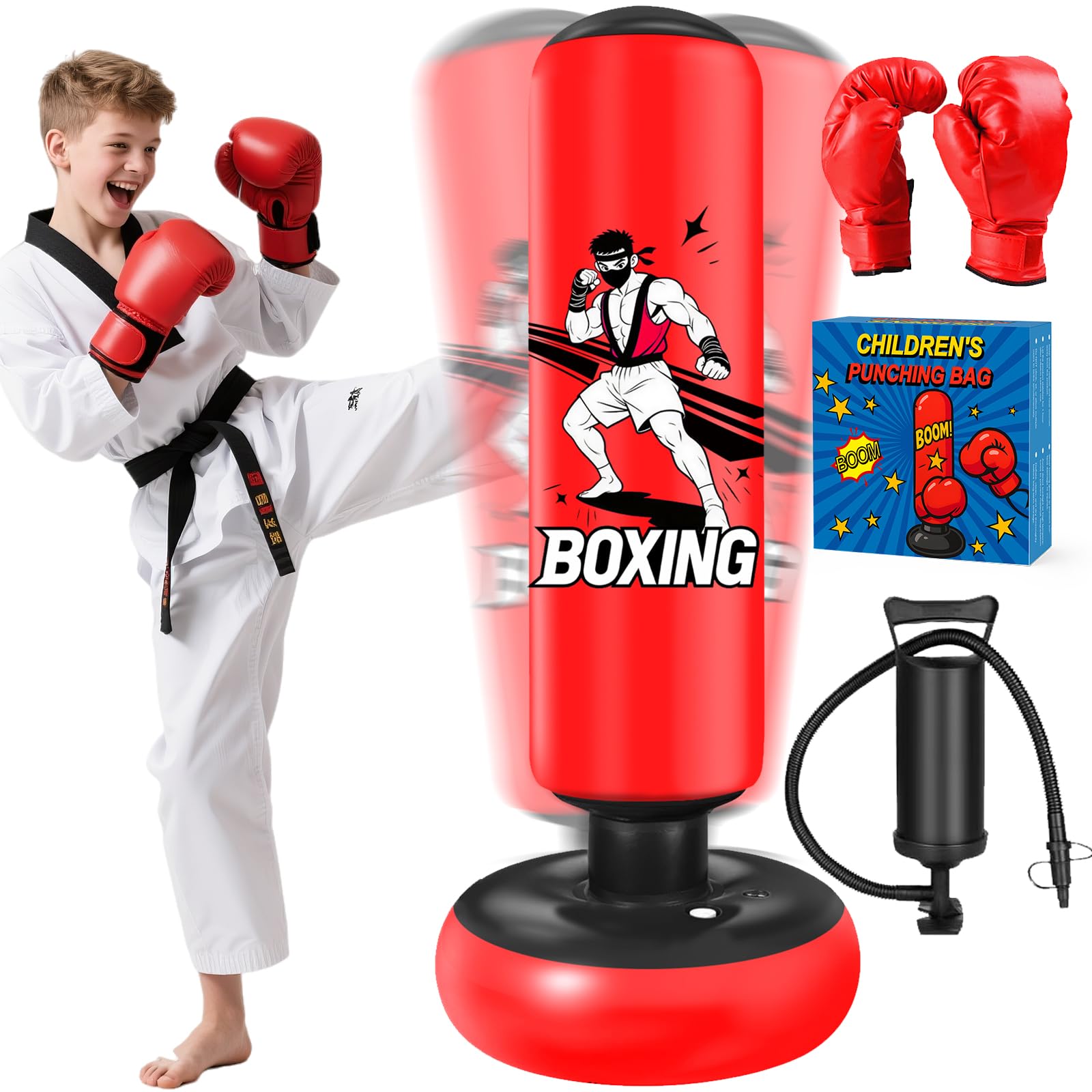 Saco de Boxeo de Pie, 168 cm Saco Boxeo Niños, Inflable Bolsa De Boxe con Guantes y Bomba para Practicar MMA Karate Taekwondo Punching Ball para 5-18 Niños Adolescentes