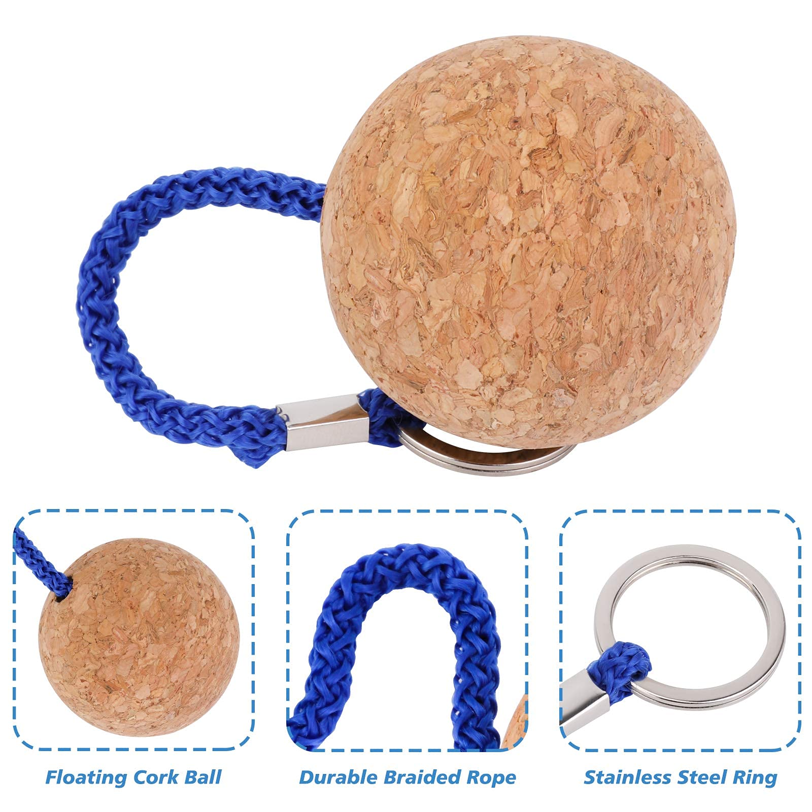 QKURT 4 Pezzi Portachiavi in Sughero, 53 mm Portachiavi Sughero Galleggiante Galleggiante Chiave Leggero Accessori Sport Acquatici per Nuoto Immersioni Pesca Canoa Vela Kayak Barca Marina