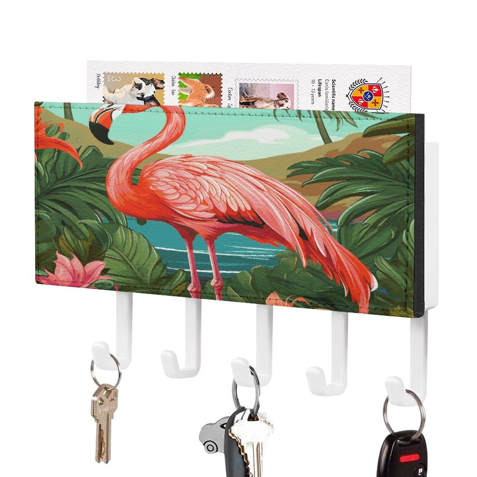 LDGSUPH Tropical Flamingo Key Holder Wall Mount Key Hanger with 5 Hooks Fashion Key Organizer Rack Hanging Key Hooks with Mail Organizer Key Rack for Home Entryway Hallway White-Style