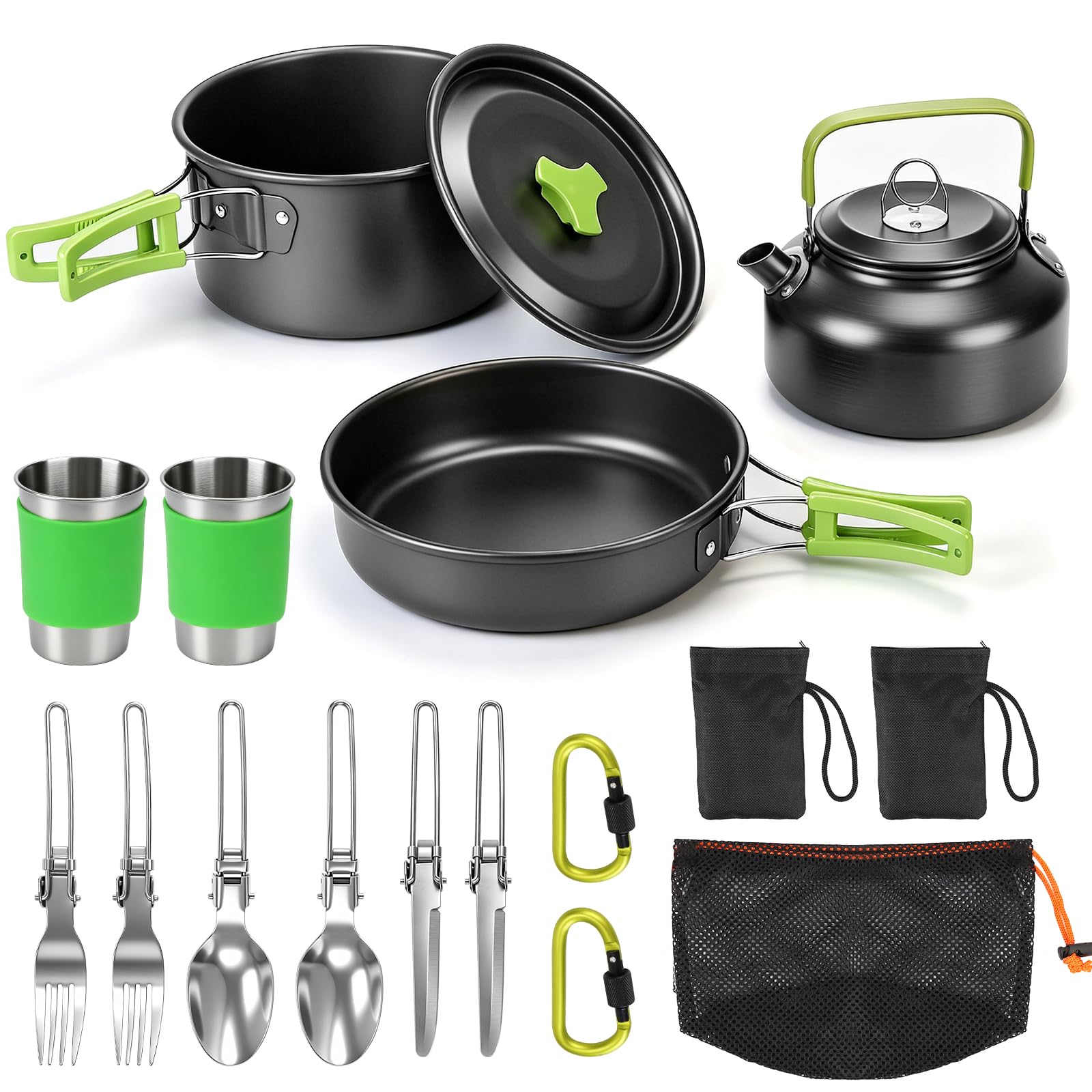 Photo 1 of 14pcs Camping Cookware Camping Pots and Pans Set with Stainless Steel Cups Plates Forks Knives Spoons for Camping, Outdoor Cooking and Picnic