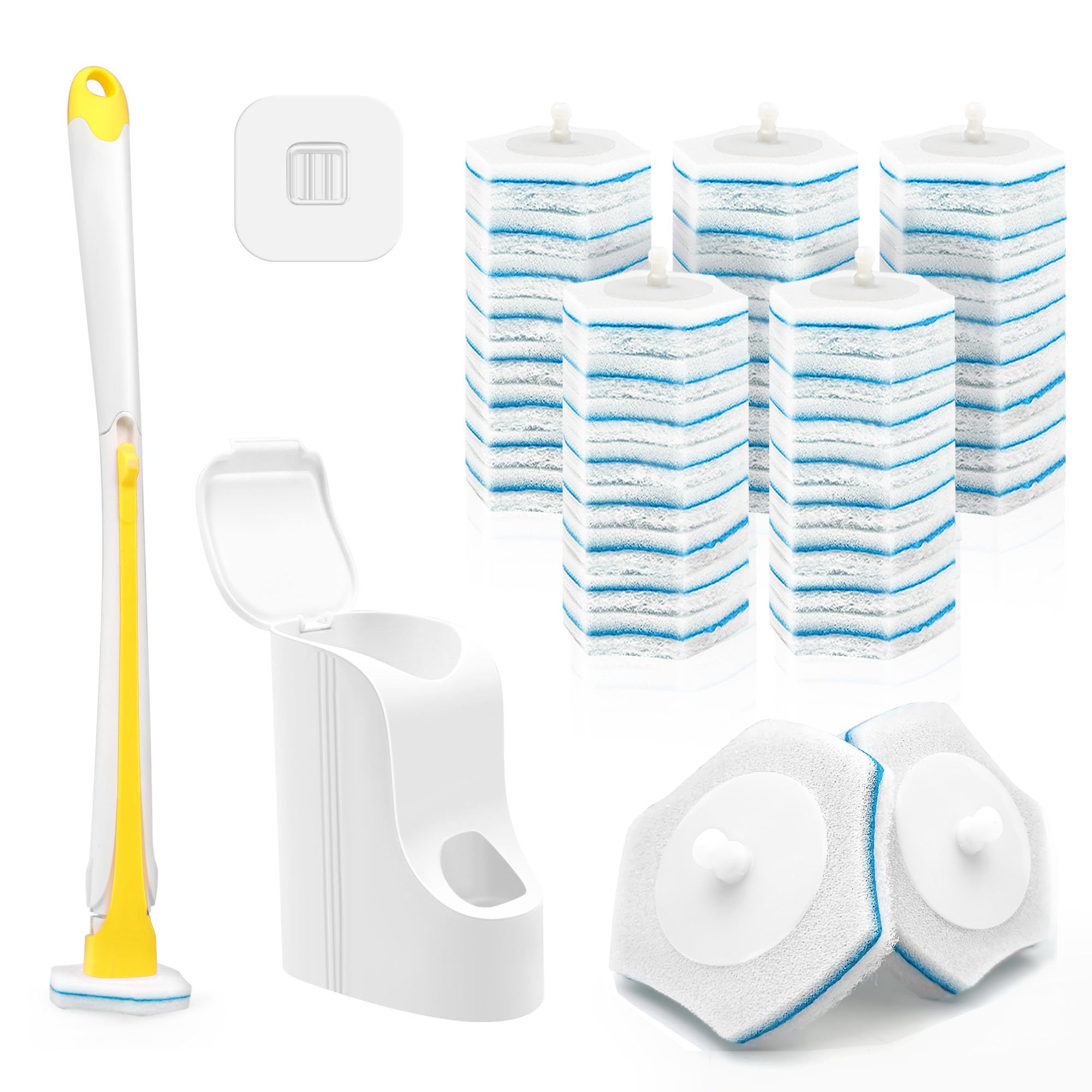Dolanx Disposable Toilet Brush with 40 Refills, Wall Mounted Long Handle Compact Bathroom Bowl Cleaner Wand Holder Set for Sink Bathtub Wash Basin Mop Pool (Yellow)
