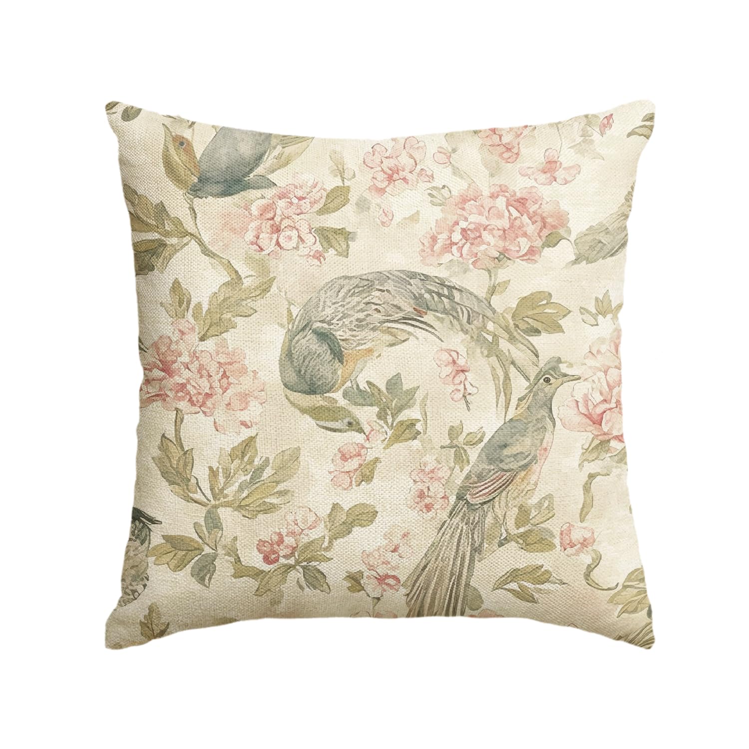 AVOIN colorlife Chinoiserie Flowers Birds Light Green Throw Pillow Cover, 18 x 18 Inch Cushion Case Indoor Outdoor Decoration for Sofa Couch Farmhouse