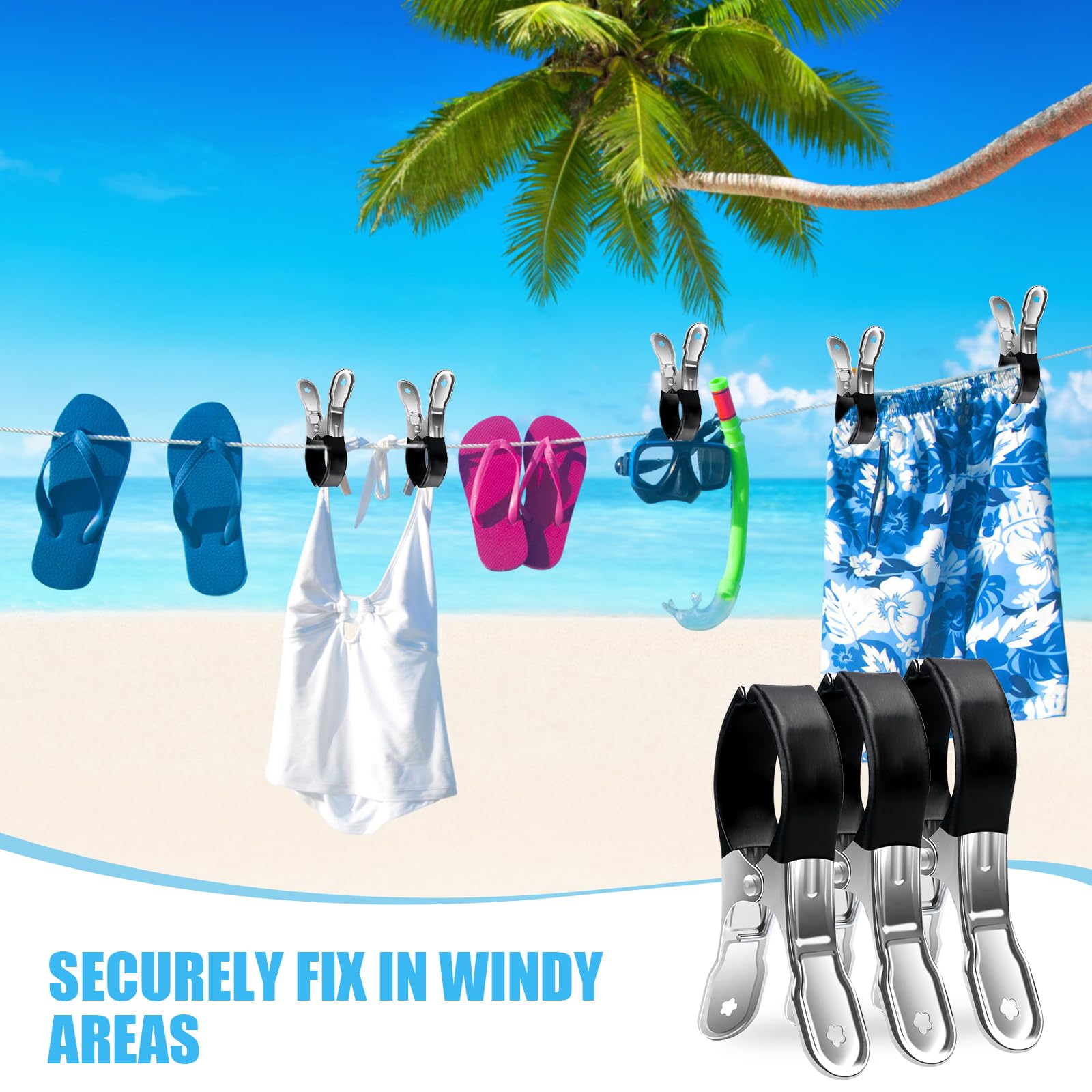 Lot De 6 Pinces à Serviettes De Piscine En Acier Inoxydable - Bleu Et Noir - Anti-rayures