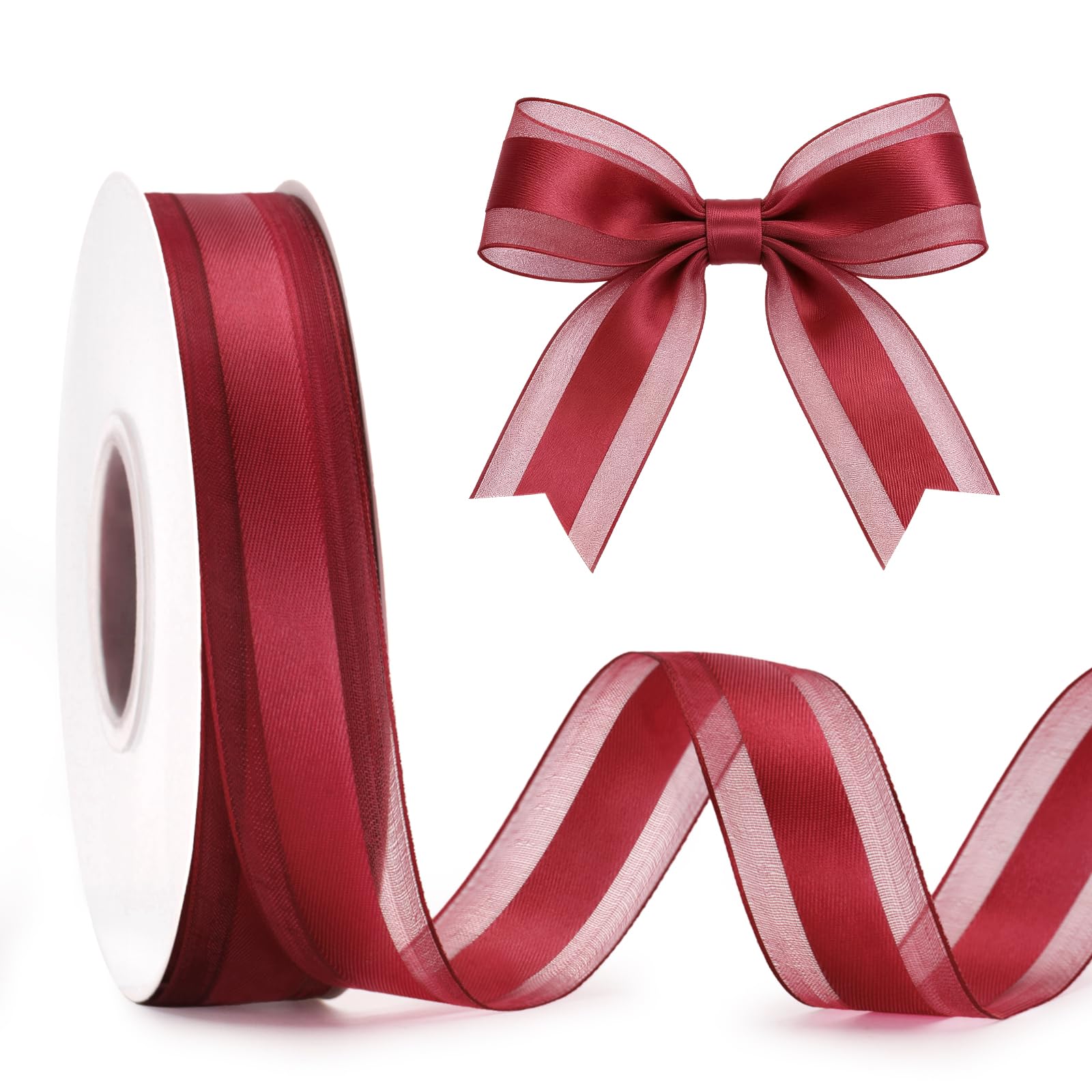 G2PLUS 25mm Burgundy Organza Ribbon: 50 Yards Sheer Tulle Wrapping Ribbon for Crafting, Gift Wrapping, Wedding Invitations, Bouquet, Christmas Tree Bows โ image 1