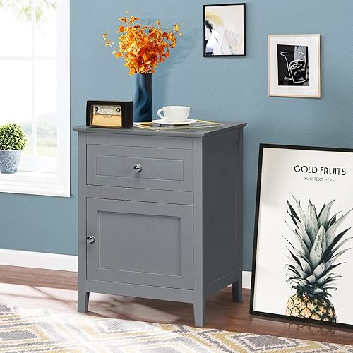 Miniatura 8 de Giantex Mesita de noche, mesita de noche de madera con cajón y armario de almacenamiento, 4 patas de madera maciza, mesa auxiliar para sala de
