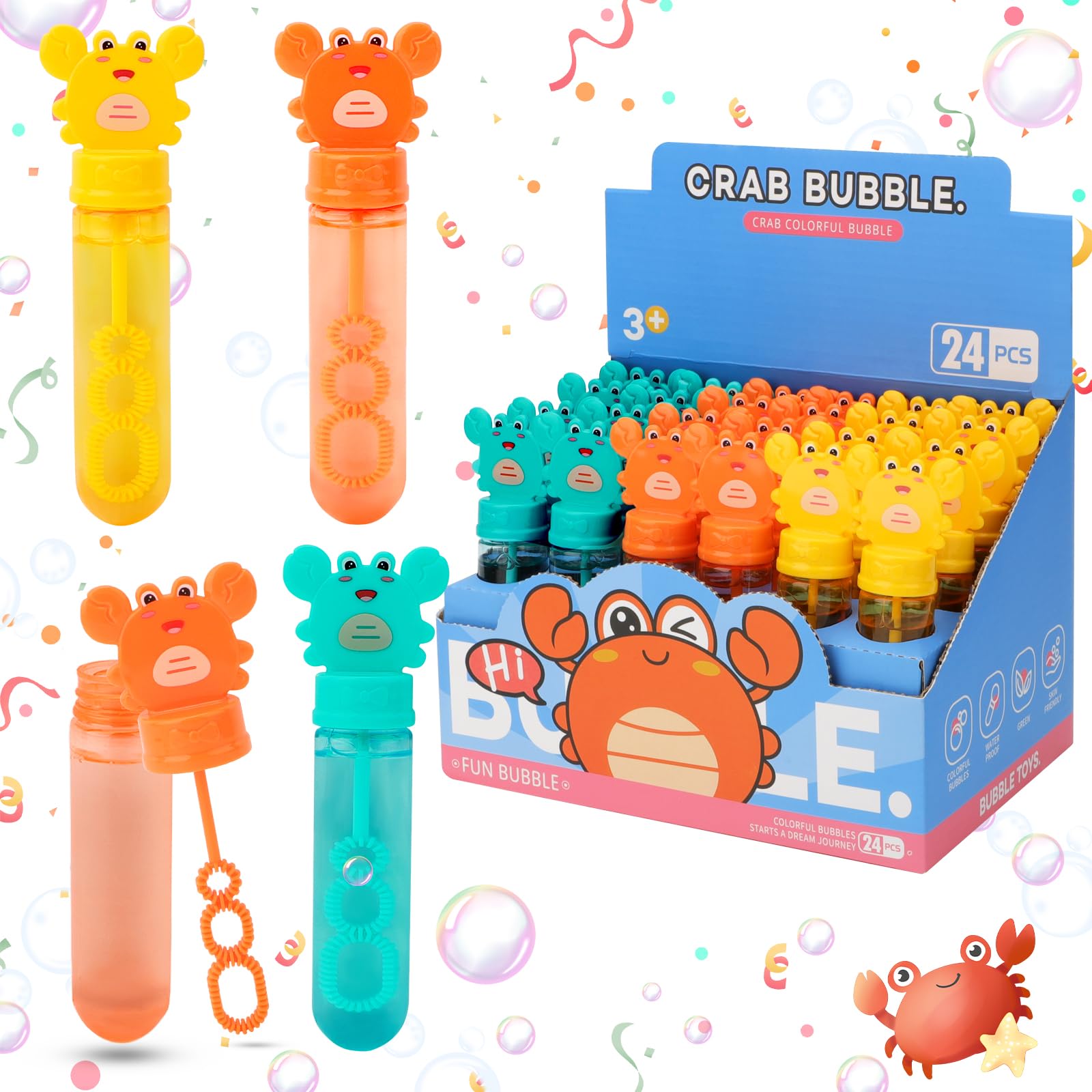 deAO 24 Piezas Pomperos de Jabón, Pomperos para Niños, Burbujas Niños, 3 Colores Varitas, Tubos para Crear Burbujas de Jabon, 35ML Cangrejos Mini Burbujas Niños Cumpleaños Set (Cangrejos)