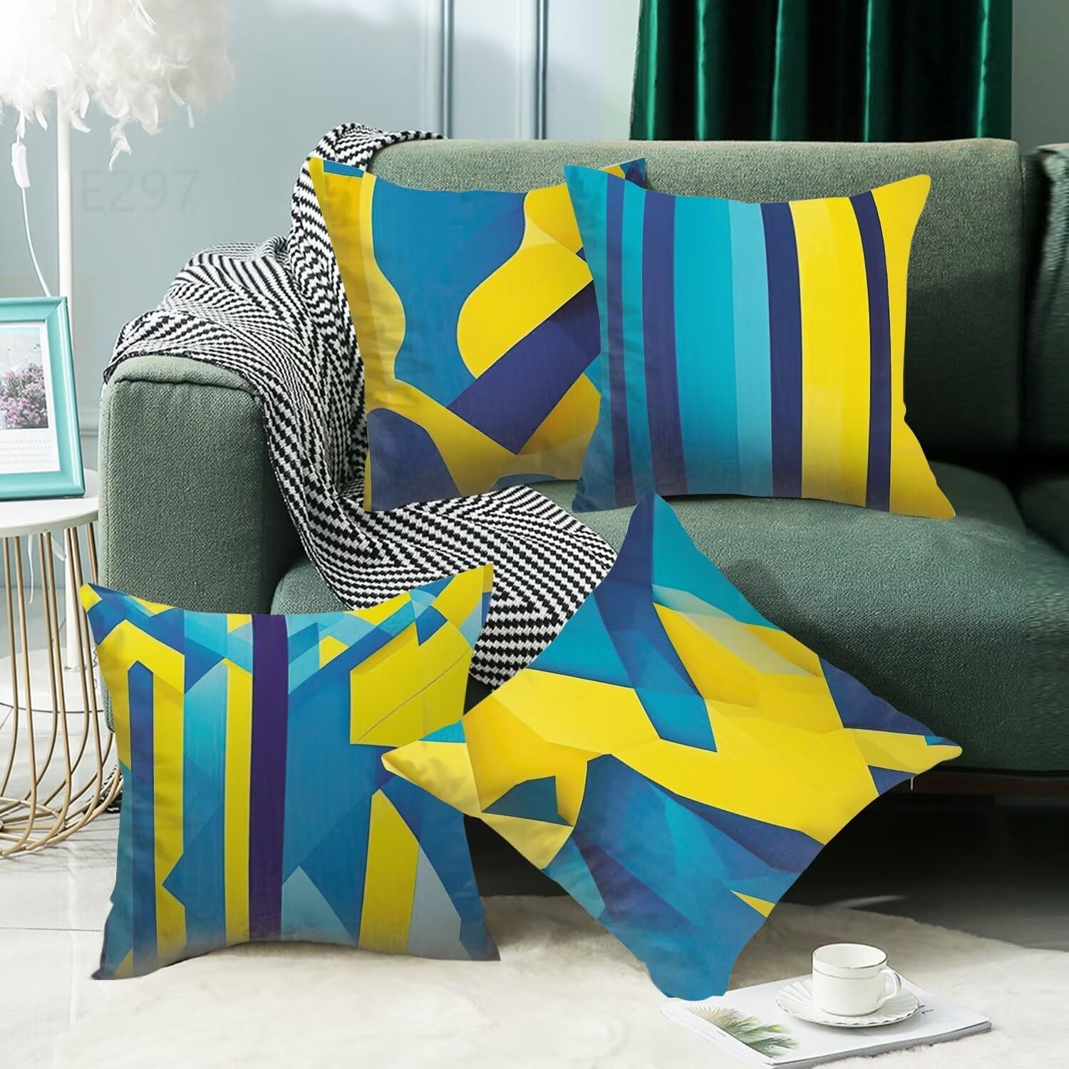Giallo verde Federe Cuscini Divano 60x60cm,4 Pack Geometria Estate Esterno Cuscini per Divano,Doppio Lato Quadrato Morbido Cuscini Divano,per Divano Soggiorno Sedia Autunno Dekoration Cuscino LY-297