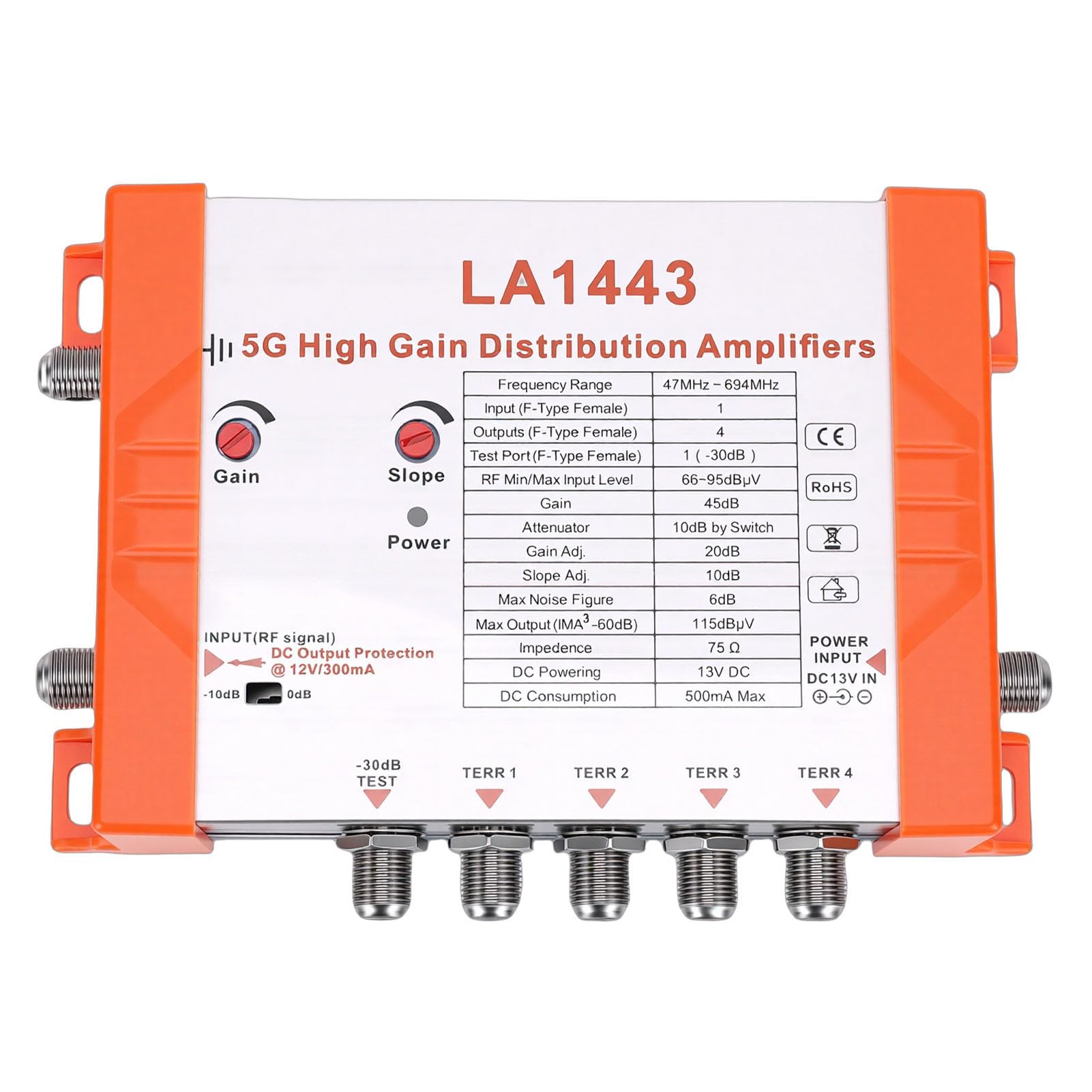 LICAEVEY Amplificador de Antena de 4 Canales con Filtro 5G LTE, Modulador de Distribución de Alta Ganancia de 45 DB Compatible con Cascada de Bucle IRS y Alimentación Remota para una (Enchufe de la