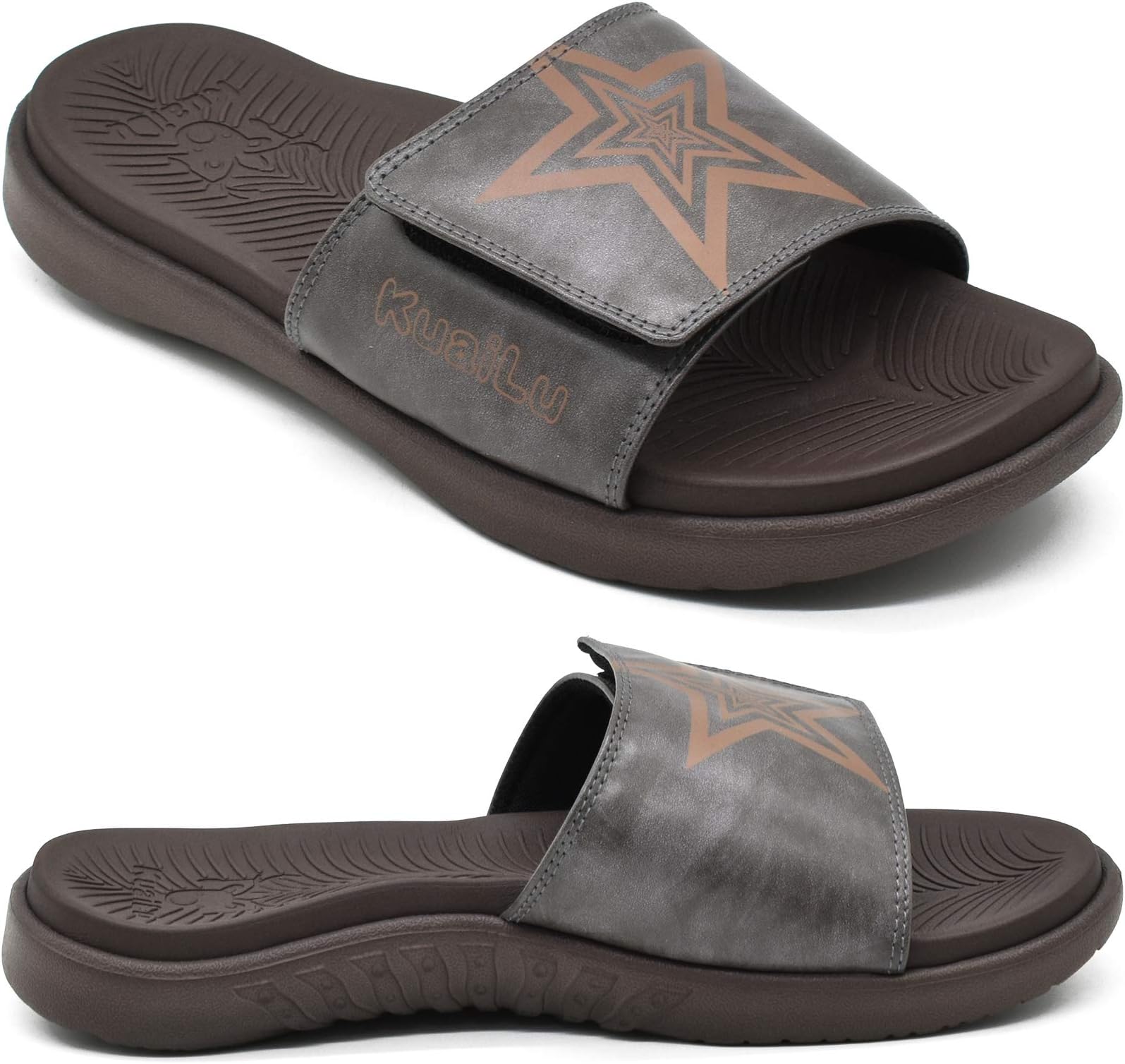 KuaiLuMens Slides Soft Cushion Sport Sandals with Plantar Fasciitis Arch Support Adjustable Open Toe Summer Slippers Slip on Indoor Outdoor Size 7-15