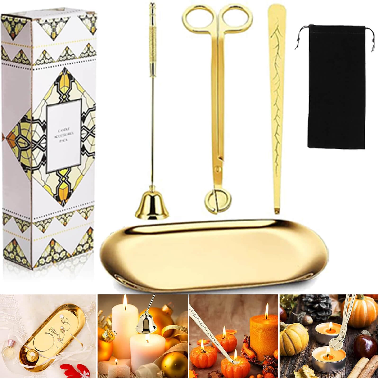 VintFunGifts For Women,Candle Accessory,Candle Snuffer,Candle Wick Trimmer,Candle Wick Dipper,4 In 1 Candle Accessory Set With Storage Tray Plate,Candle Care Kit Gift,Gold