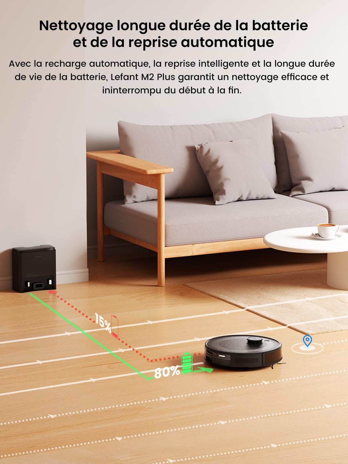 Lefant M2 Plus Robot Aspirateur Laveur avec Station Vidage Automatique, 6000Pa, Navigation Laser avec Cartographie, Évitement d'obstacles PSD, Idéal pour Poils d'animaux/Tapis, App/WiFi/Alexa, Noir