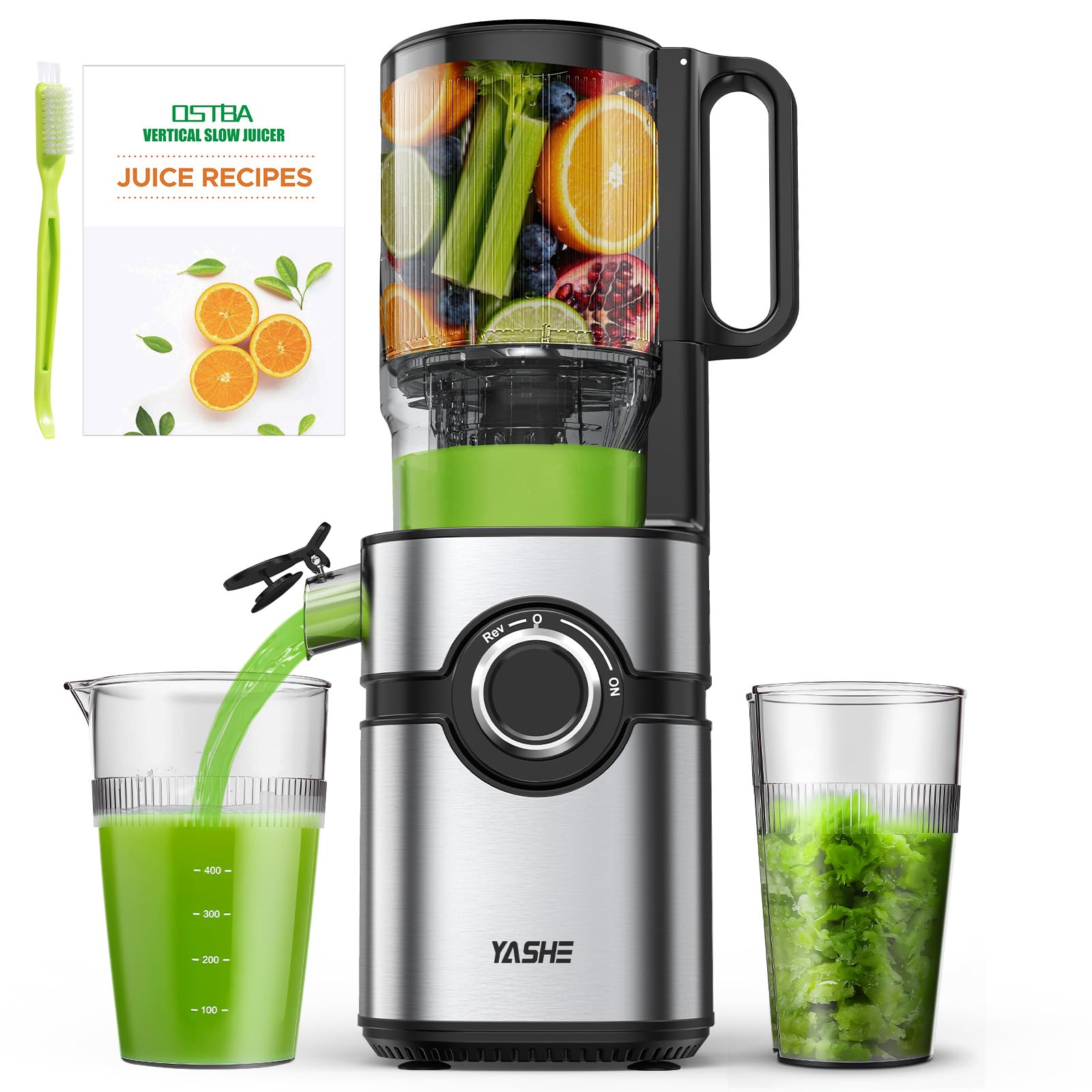 Cold Press Juicer YASHE 127mm Large Feed Chute Juicer Machine for Whole Fruits & Vegetables, Self-Feeding Slow Masticating Juicer, Triple Filter, High Juice Yield, Easy to Clean, BPA-Free, Black
