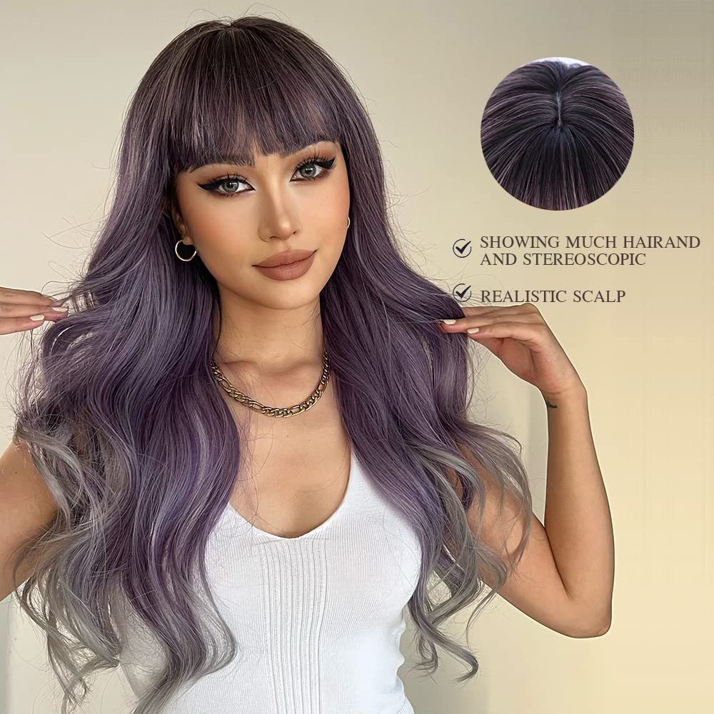 Esmee 24 Inches Long Wavy Ombre Purple to Grey Wigs for Women Natural Synthetic Hair Heat Resistant Ombre Wigs with Bangs for Daily Party Cosplay Use - Image 2