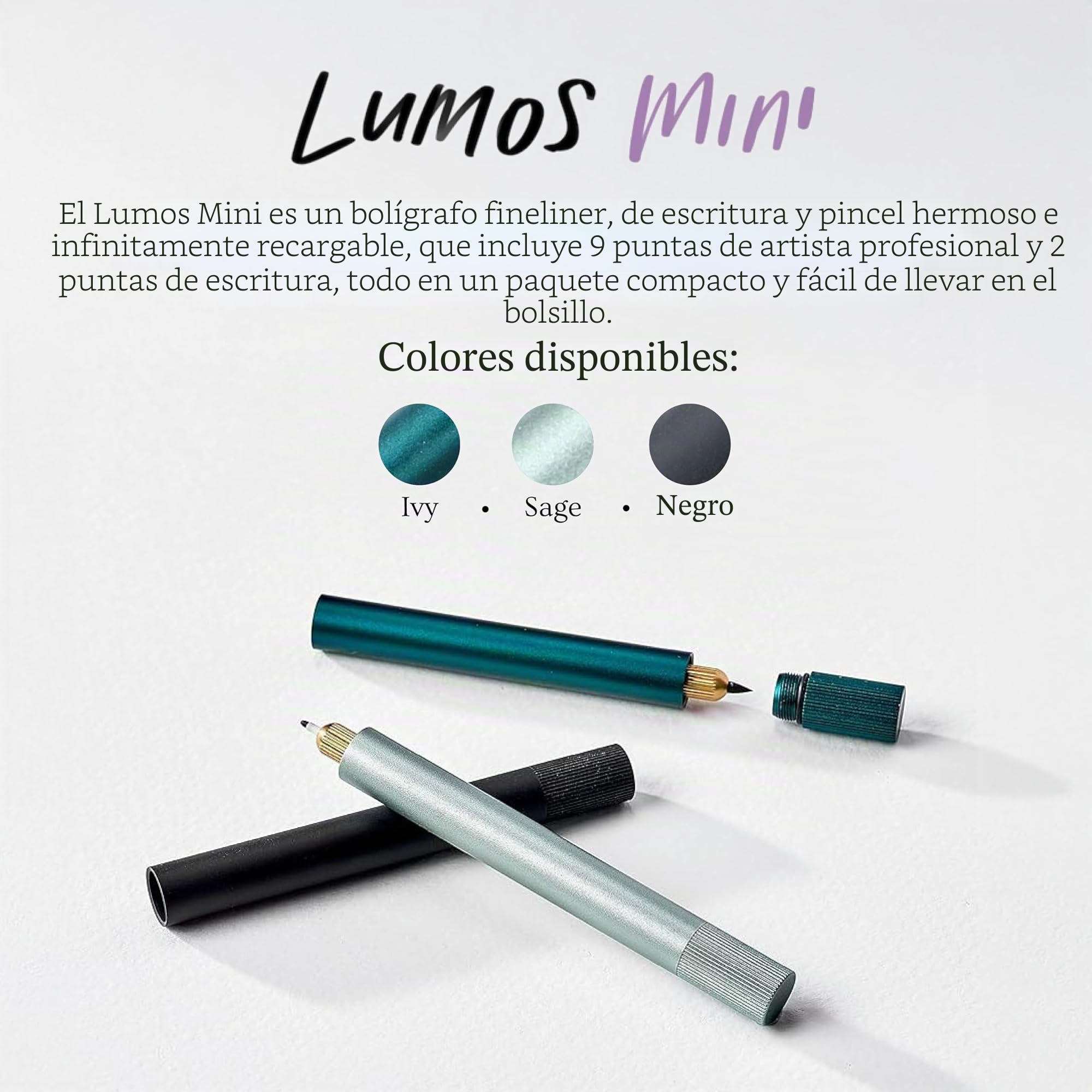 Tom's Studio Lumos Mini (Sage) - Bolígrafo de punta fina versátil y recargable en un paquete amigable con el bolsillo, viene con 11 puntas y muestra de tinta negra profunda de 3 ml