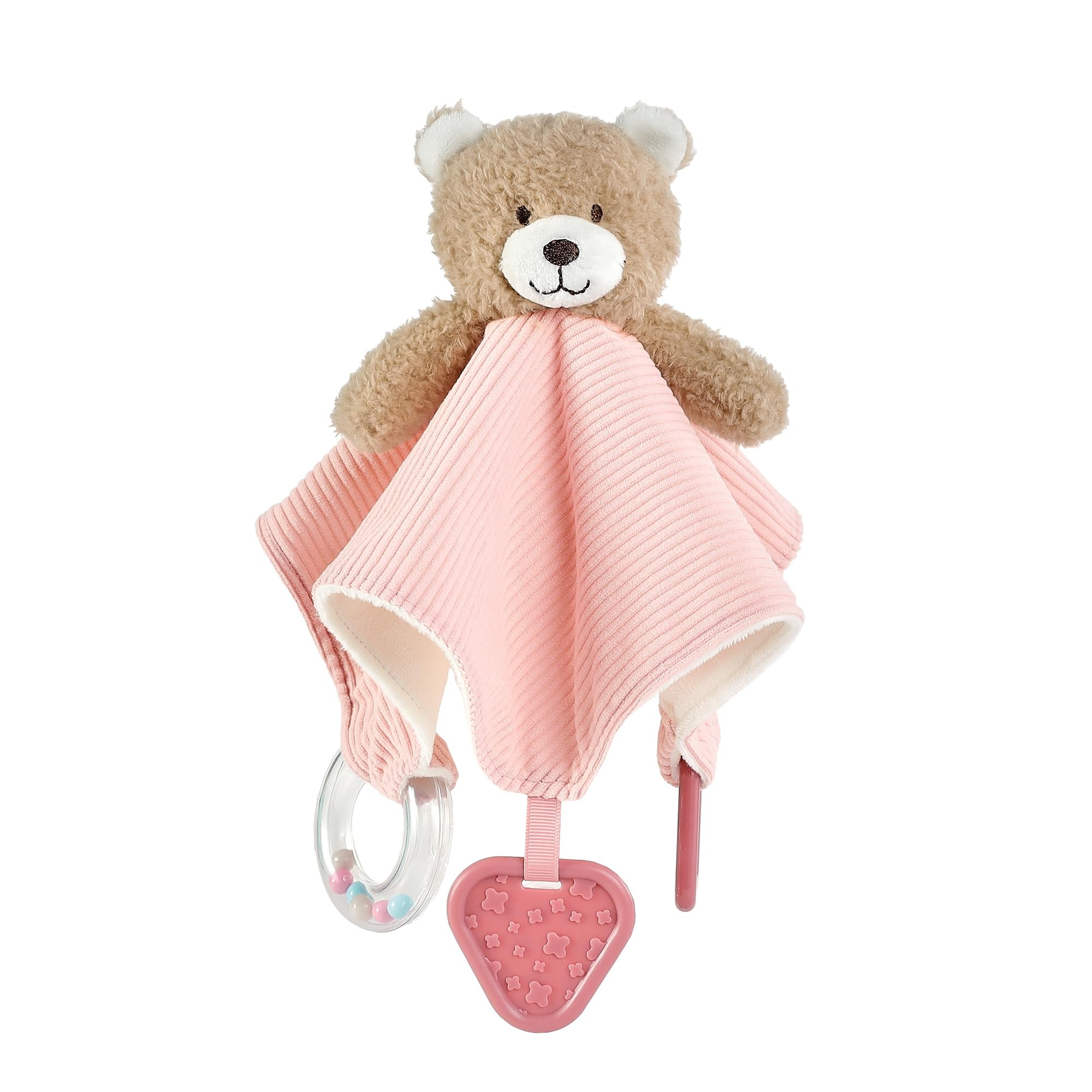 CREVENT 3-in-1 Baby Lovey Blanket with Teether & Rattle | Plush Chewable Animal Head Security Blanket, Birthday Gift - Pink Bear — image 1