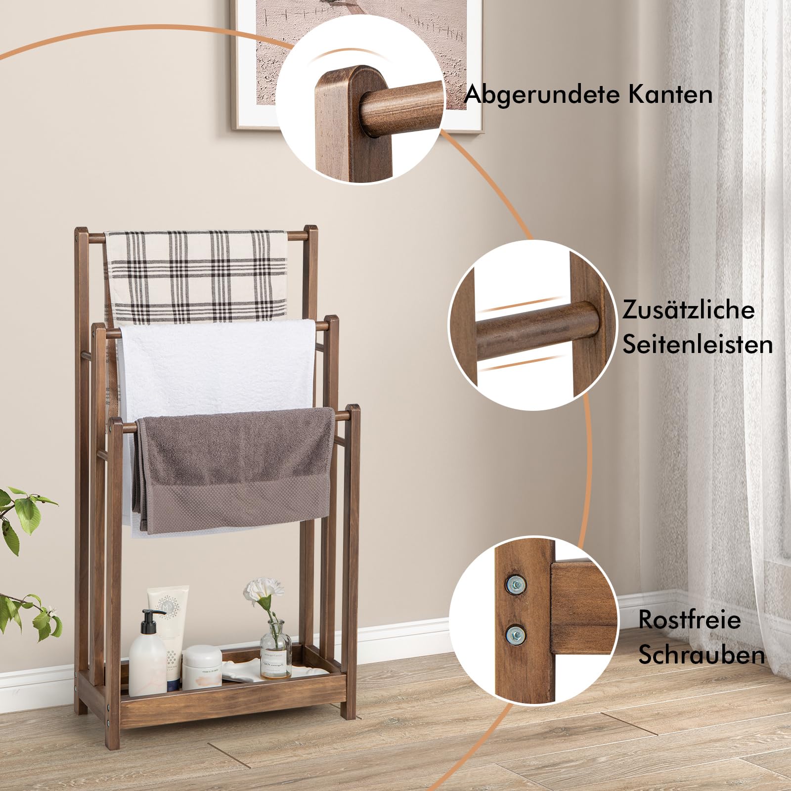 GOPLUS Handtuchhalter aus Holz, Handtuchständer freistehend mit 3 Handtuchstangen & Ablagefach, Duschtuchhalter Badetuchhalter für Badezimmer, Hotels (Braun)