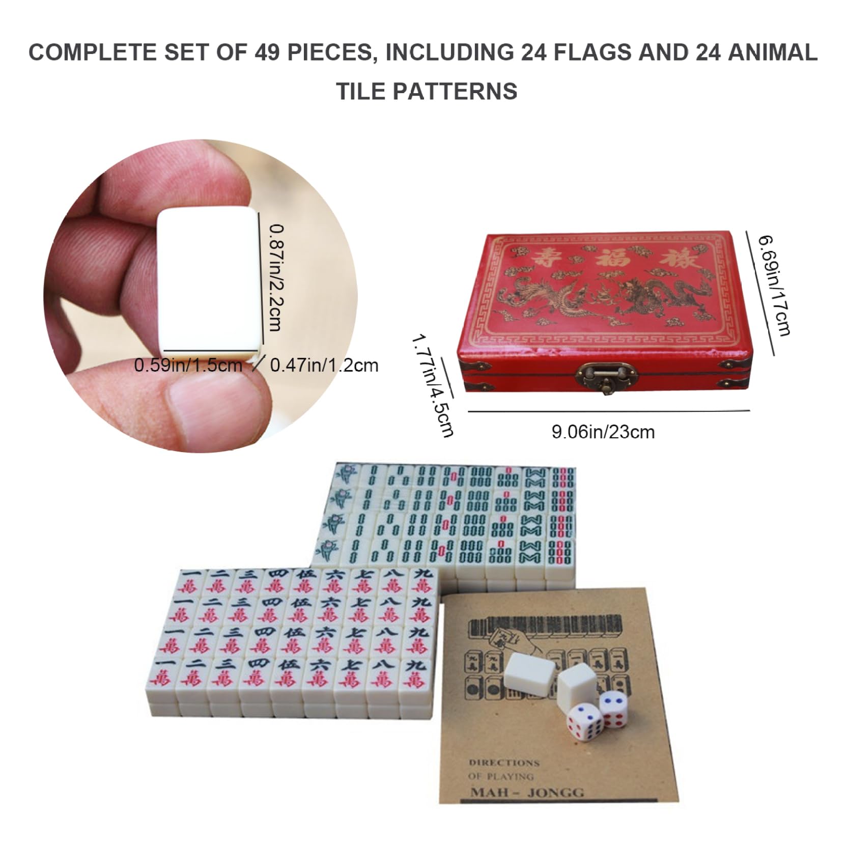 Ensemble Mahjong Portable – Tuiles Antiques Chinoises Avec Boîte De Stockage, Dés, Directions Et Tuiles De Rechange – Voyage