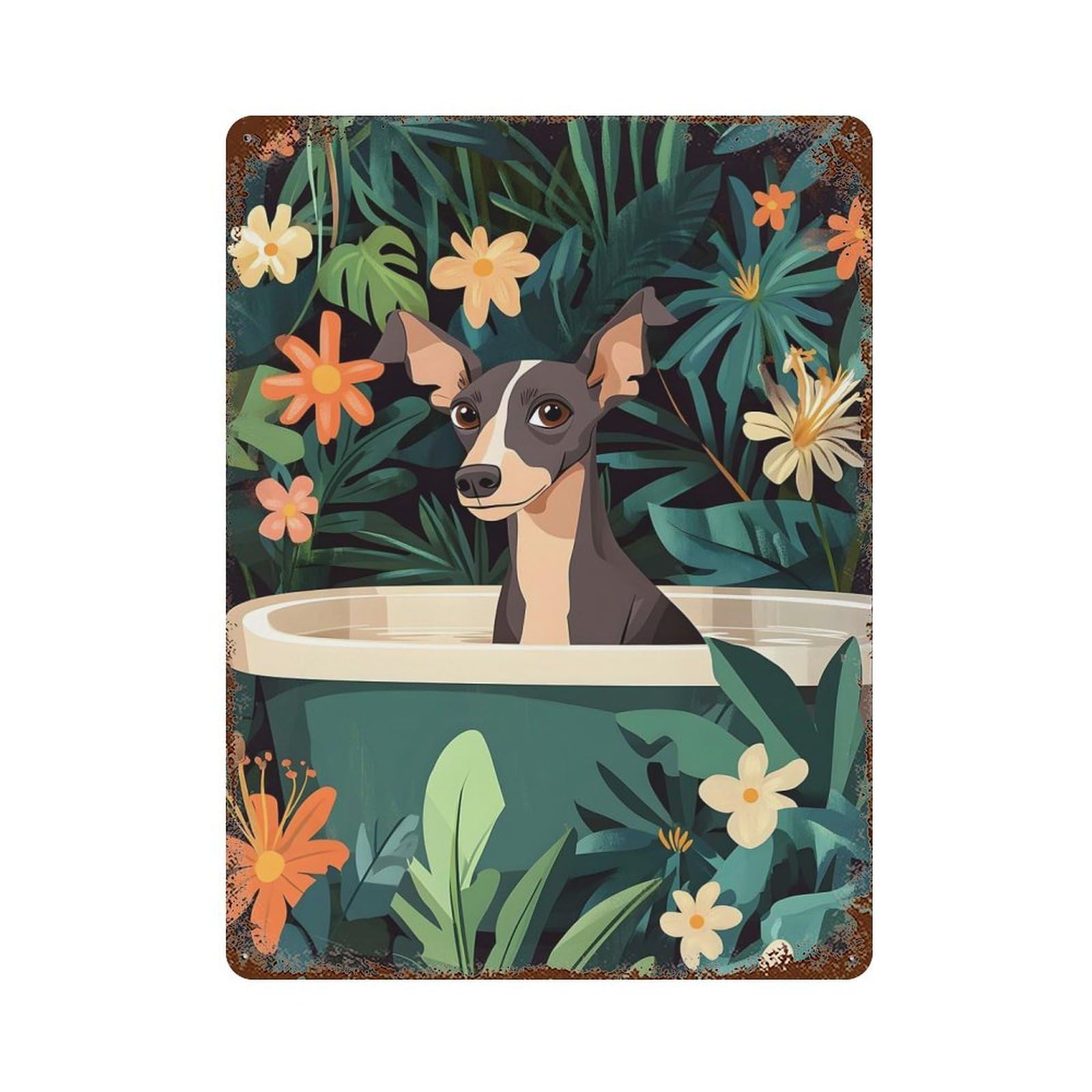 Greyhound Dog in A BathTub Distressed Metal Wall Sign 15.7"x11.8", Ideal for Garage, Bar And Workshop Decor